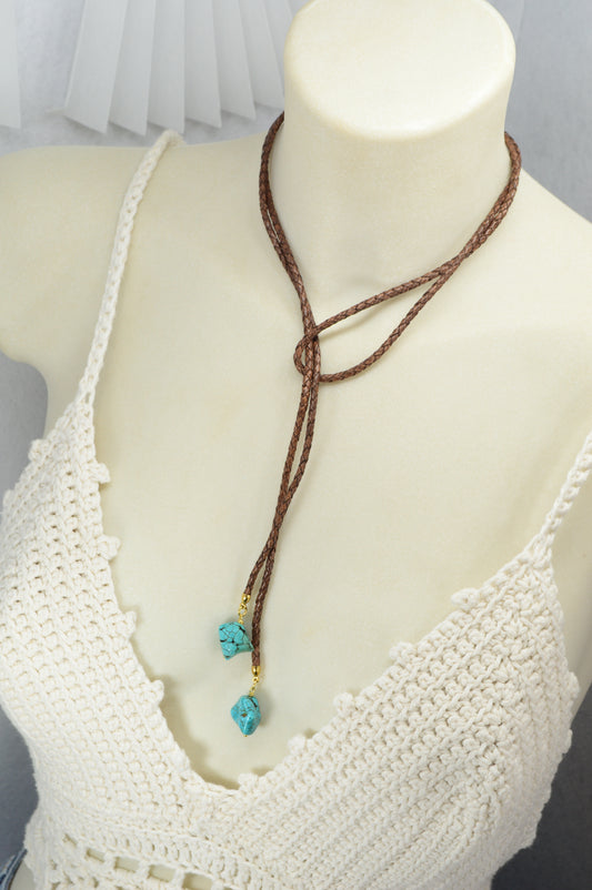 Boho Turquoise Wrap Necklace – Hippie Leather Choker with Natural Gemstones