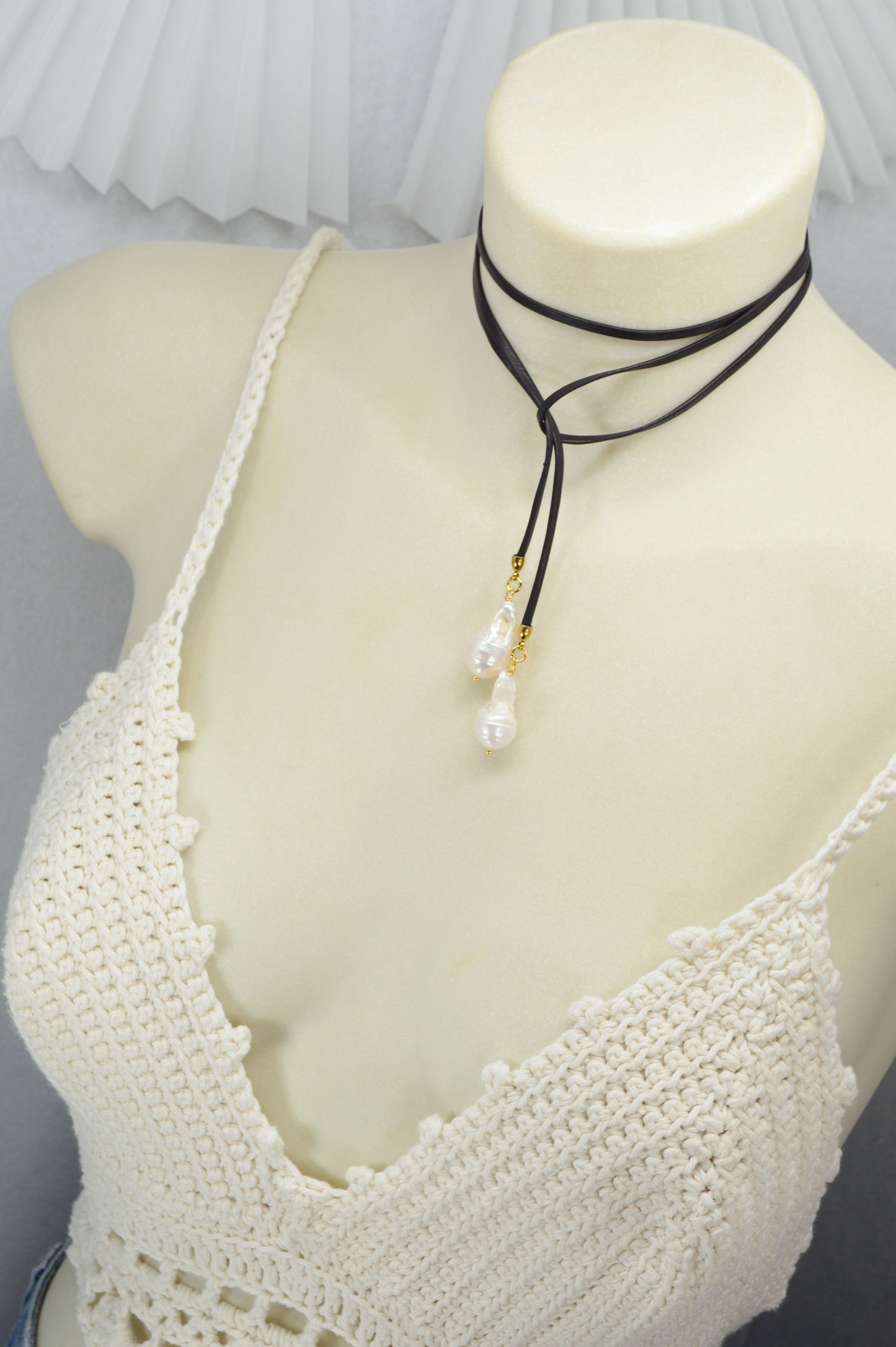 Luxury Baroque Pearl Leather Wrap Choker Necklace – Black Leather Cord, Gold Details, Statement Jewelry