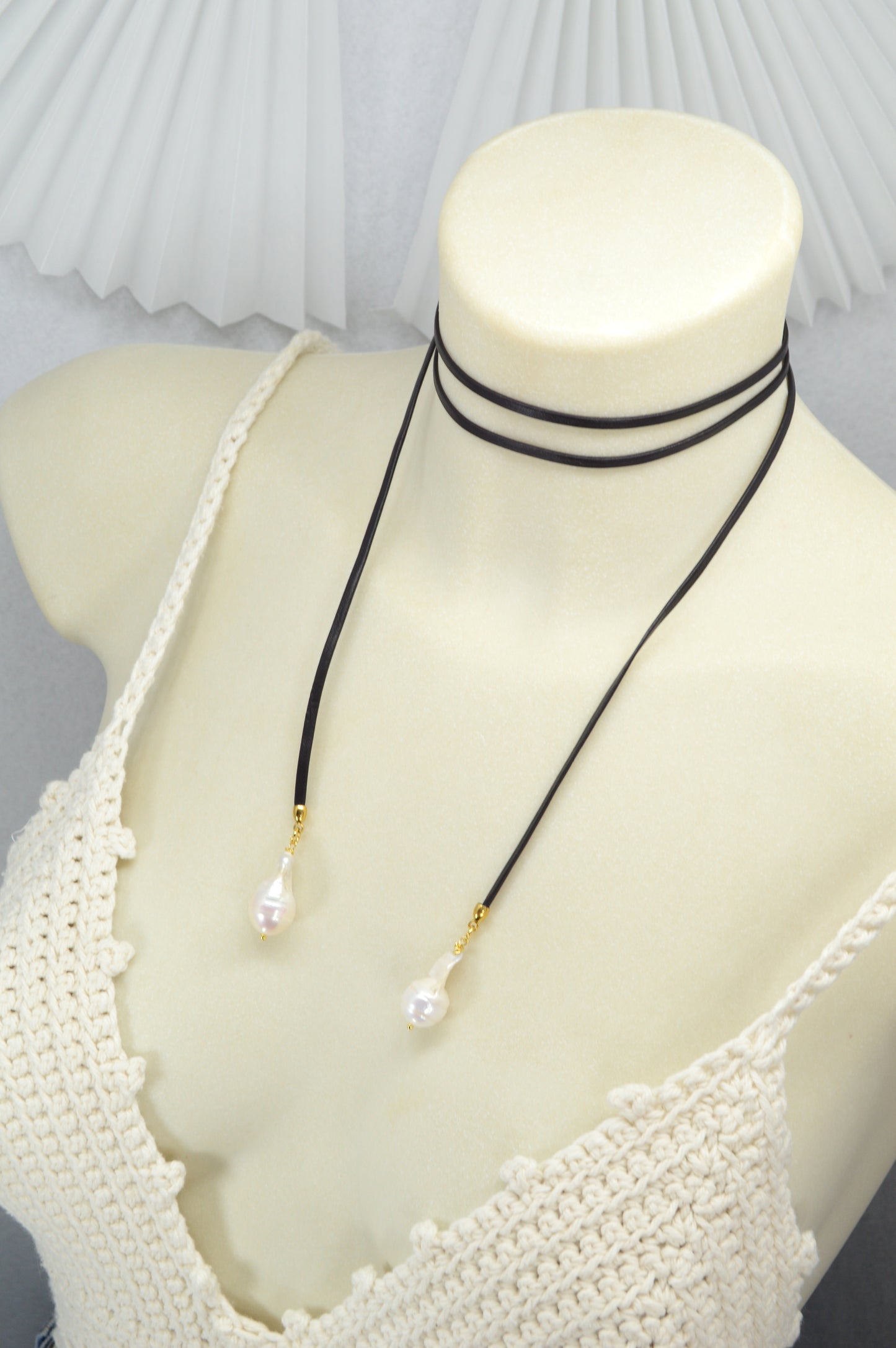 Luxury Baroque Pearl Leather Wrap Choker Necklace – Black Leather Cord, Gold Details, Statement Jewelry