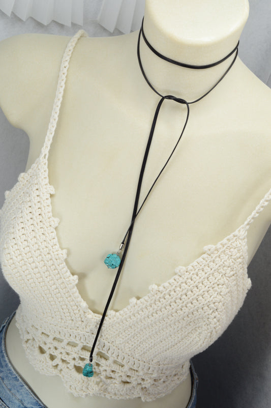 Boho Turquoise Choker Necklace – Genuine Leather Wrap with Natural Turquoise Stones