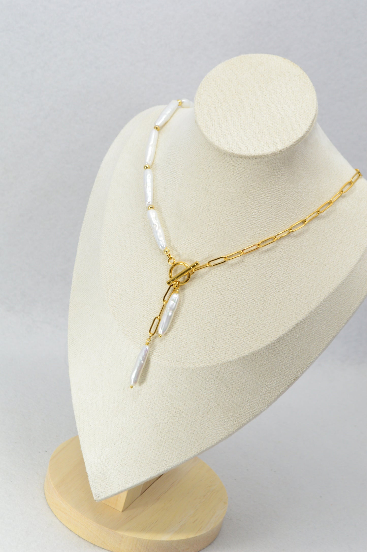 Gold Asymmetrical Pearl Necklace | Stainless Steel & Freshwater Stick Pearls | Modern Baroque Style