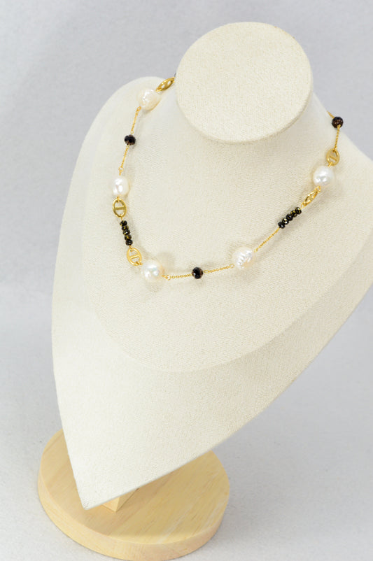 Gold Pearl & Black Bead Necklace | Stainless Steel, Freshwater Pearls & Glass Beads | Adjustable
