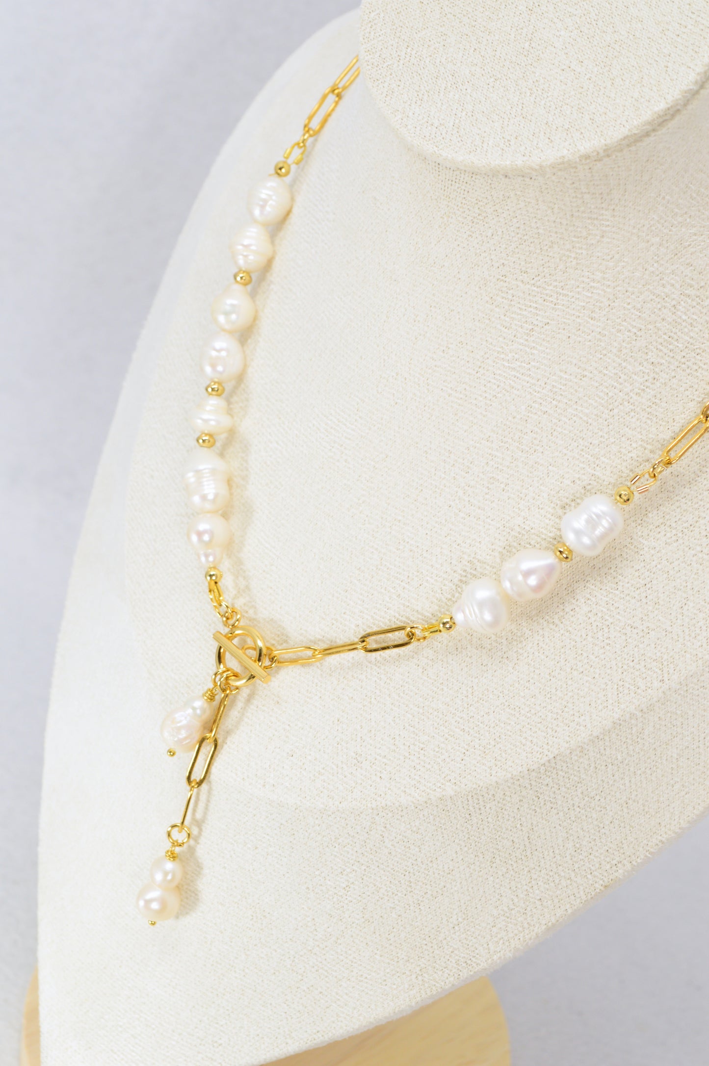 Gold Asymmetrical Pearl Necklace | Stainless Steel & Freshwater Pearls | Modern Baroque