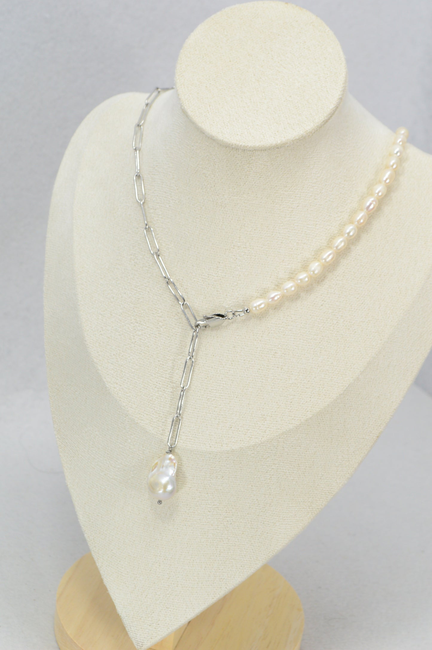 Silver Pearl Drop Necklace | Stainless Steel & Freshwater Pearls | Modern Minimalist Lariat