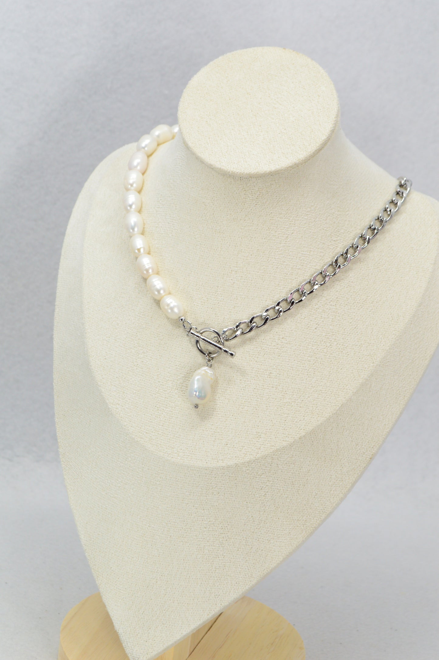 Half Pearl Half Chain Necklace | Asymmetrical Baroque Pearl Pendant | Stainless Steel & Freshwater Pearls