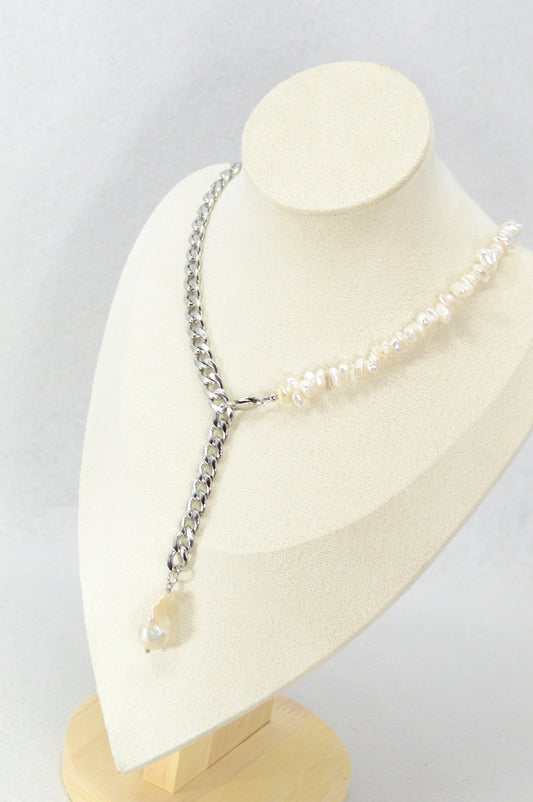 Mother-of-Pearl & Stainless Steel Chain Necklace with Natural Pearl Drop