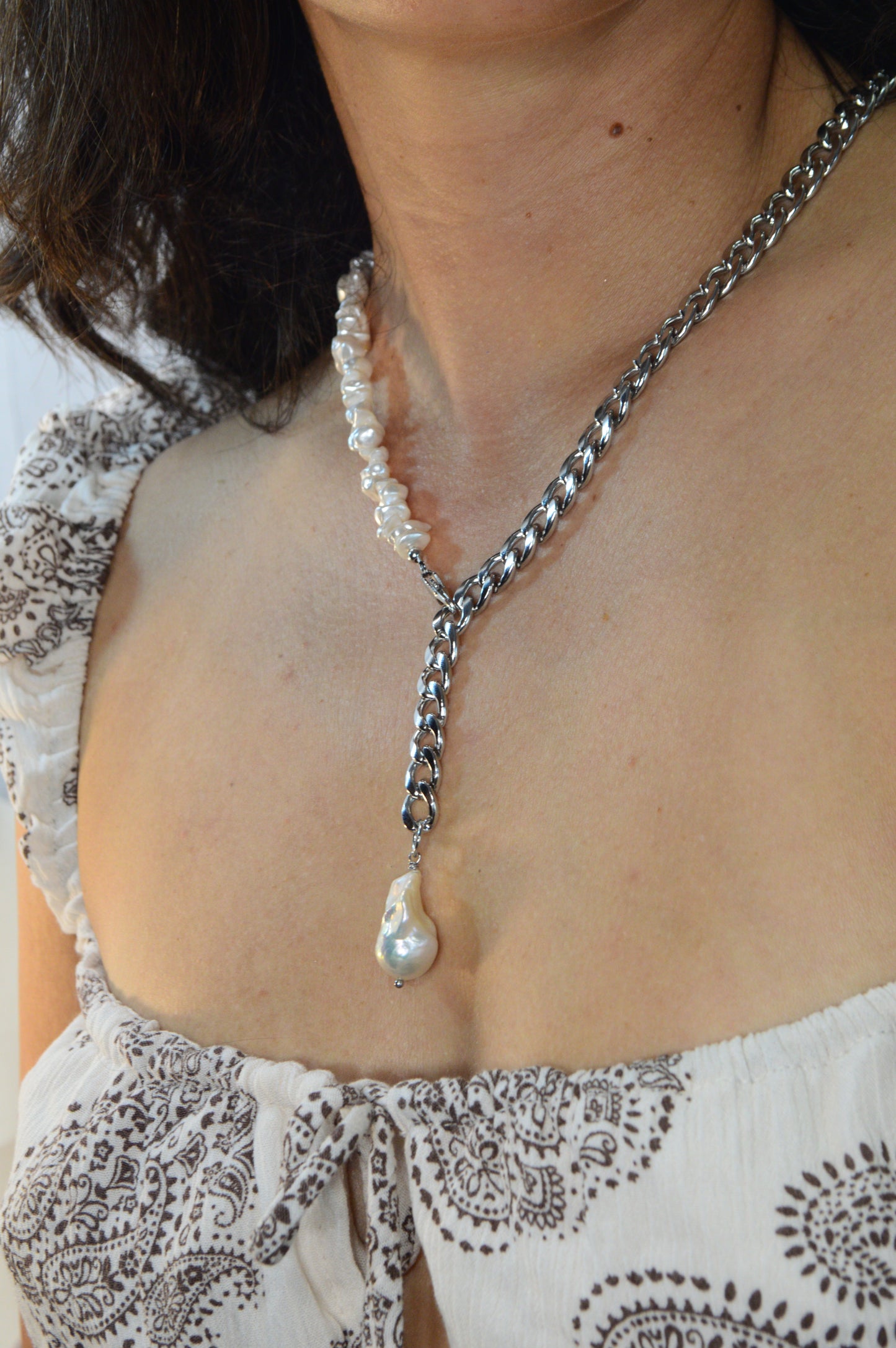 Mother-of-Pearl & Stainless Steel Chain Necklace with Natural Pearl Drop
