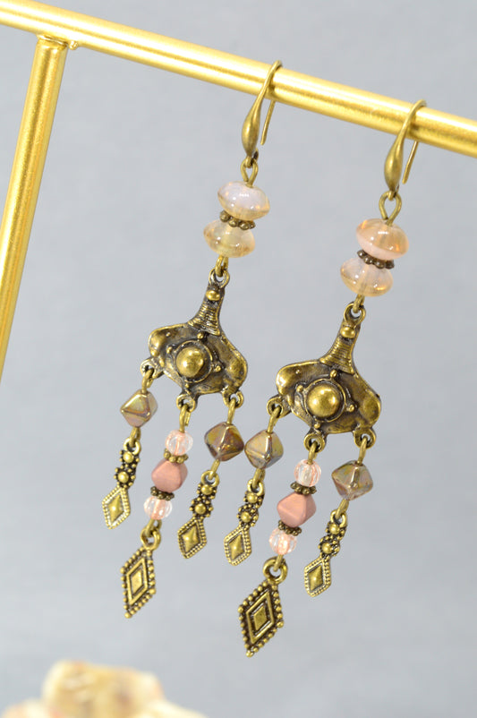 : Boho Bronze Chandelier Earrings with Czech Glass – 3.7"