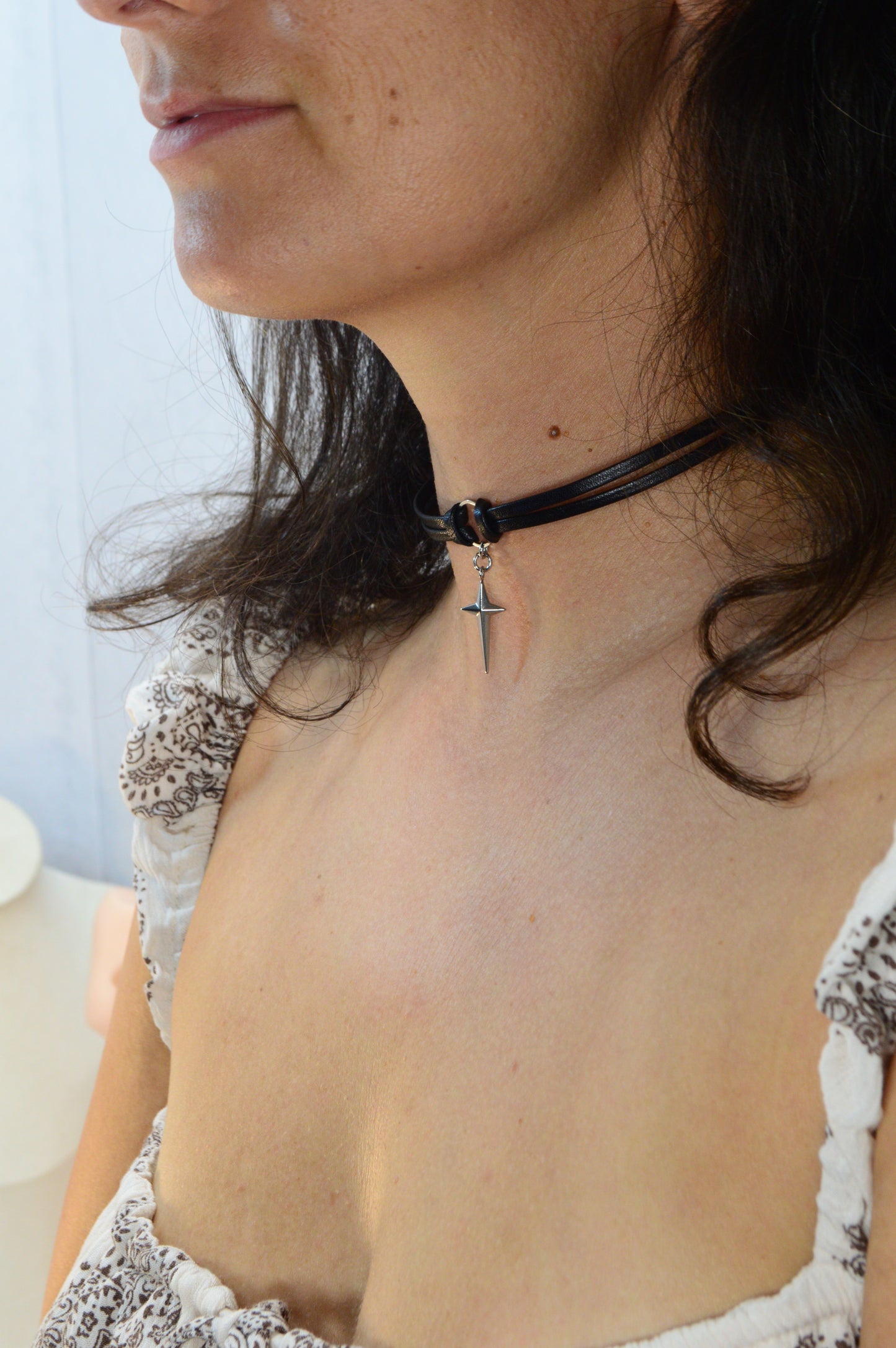 Minimalist Leather Choker Necklace – 5 Charm Options – Adjustable – Gothic, Punk, Boho, Pearl, Moon, Cross