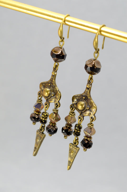 Boho Bronze Chandelier Earrings with Czech Glass Beads – 3.1"