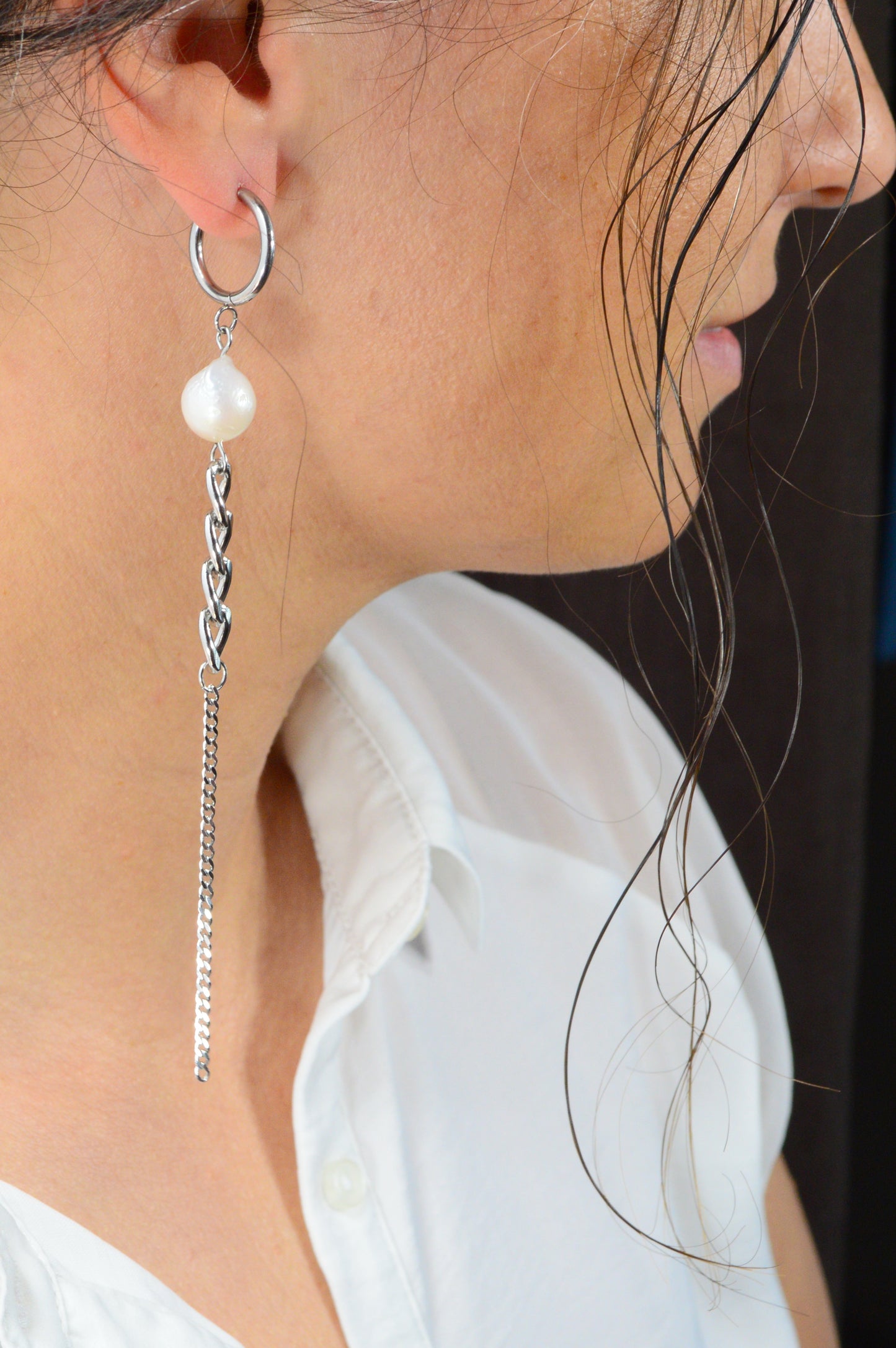 Statement Pearl Chain Earrings – 12cm (5") Modern Baroque Freshwater Pearl Dangles
