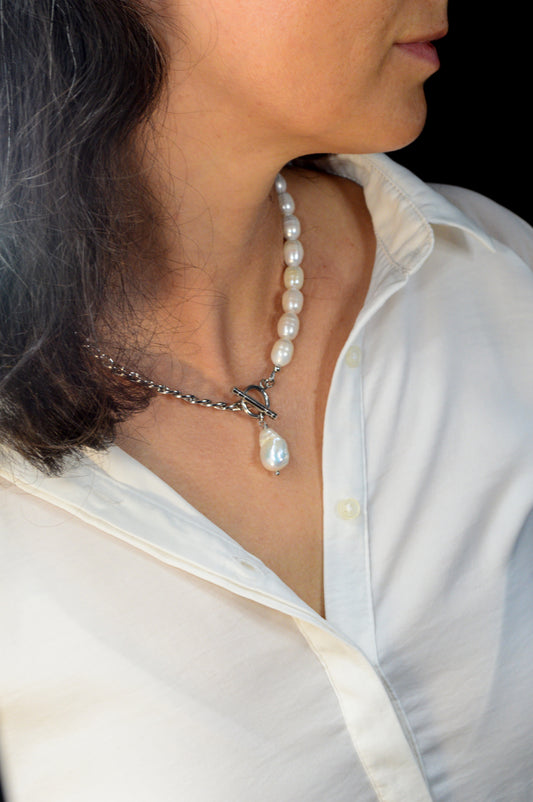 Half Pearl Half Chain Necklace | Asymmetrical Baroque Pearl Pendant | Stainless Steel & Freshwater Pearls