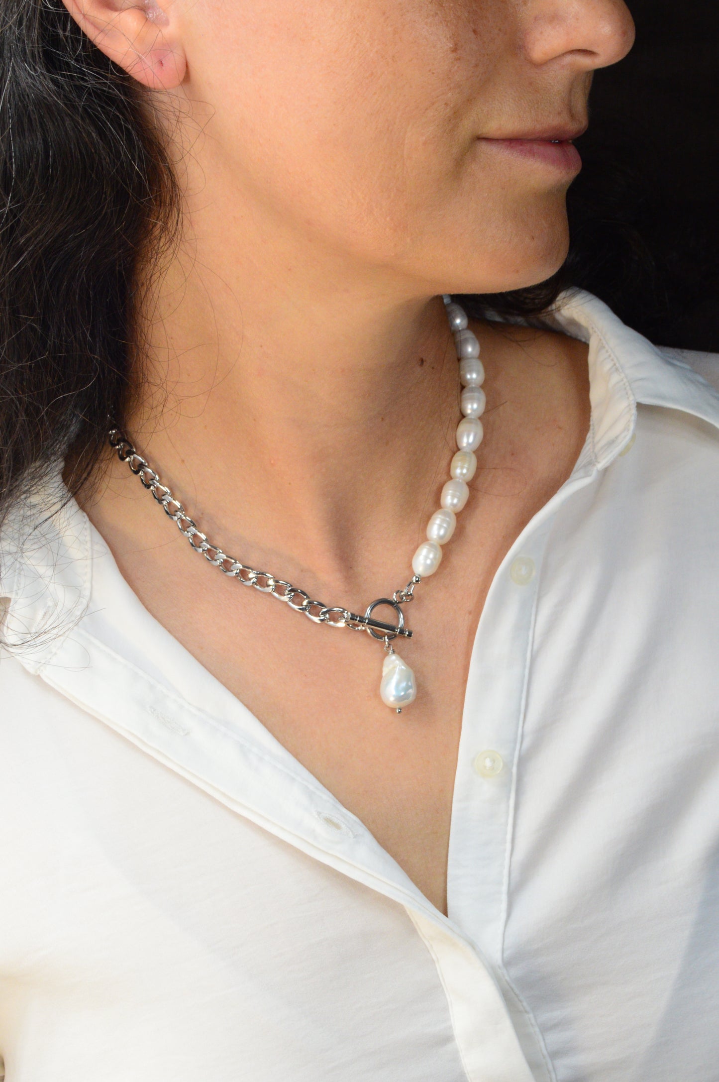 Half Pearl Half Chain Necklace | Asymmetrical Baroque Pearl Pendant | Stainless Steel & Freshwater Pearls