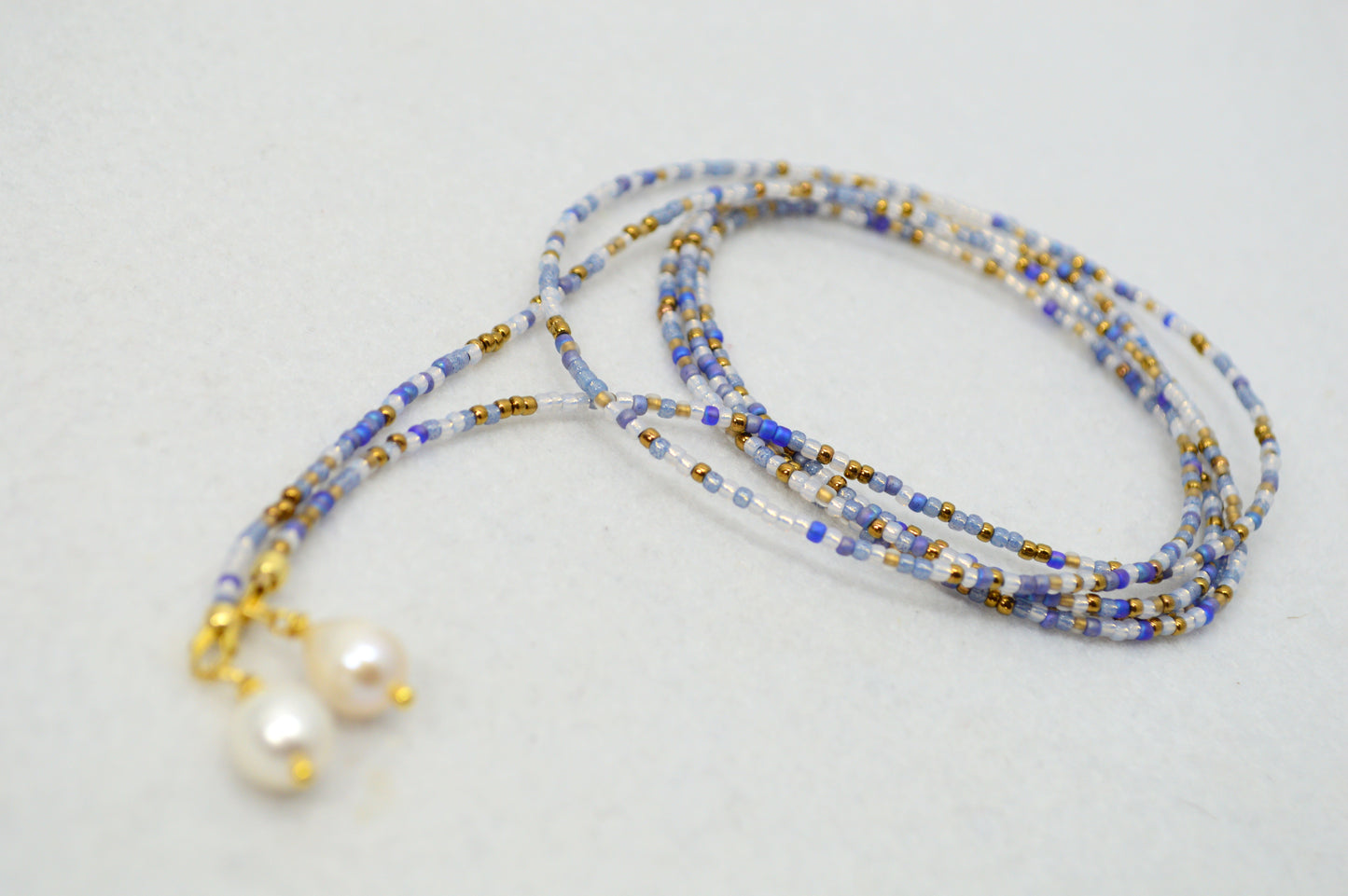 Coastal Breeze Beaded Lariat Necklace, Blue & Gold Wrap Choker with Pearl Drops