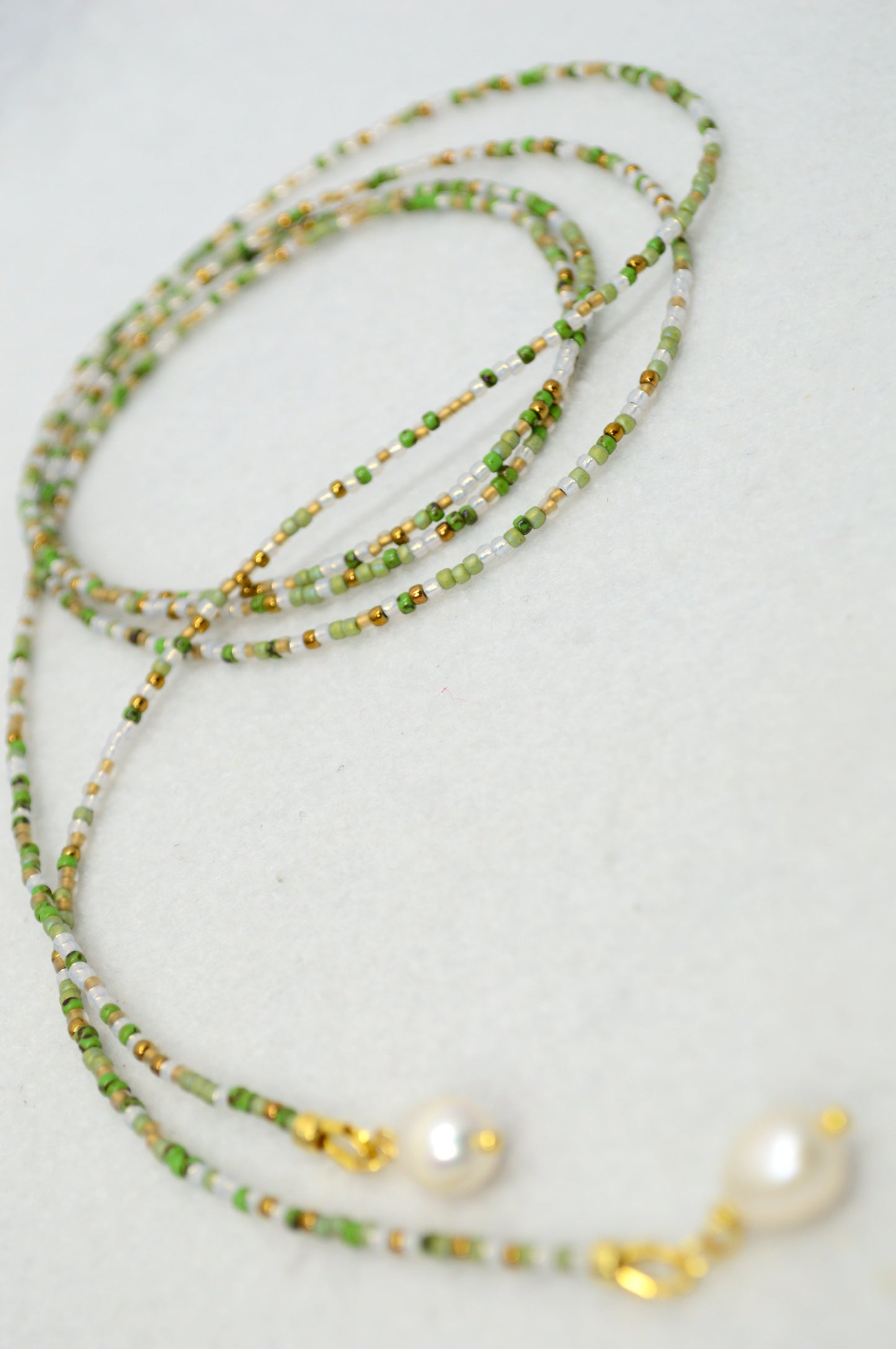 Olive Breeze Beaded Lariat Necklace, Green Wrap Choker with Freshwater Pearls
