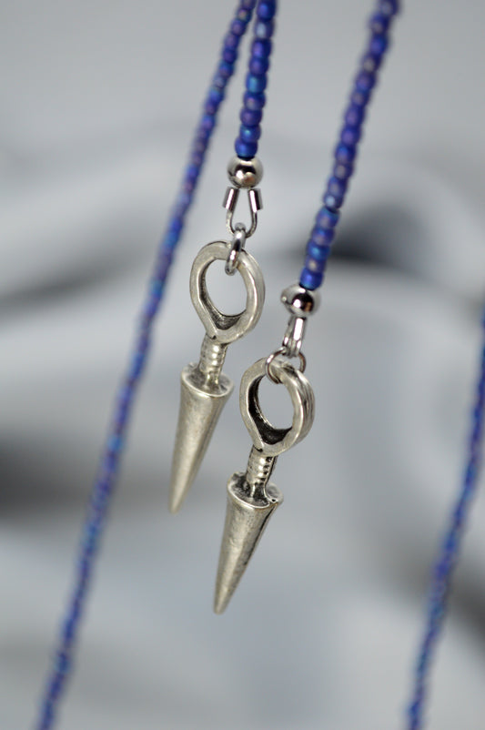 Blue Beaded Lariat Necklace, Boho Wrap Choker with Stainless Steel Spike Pendant