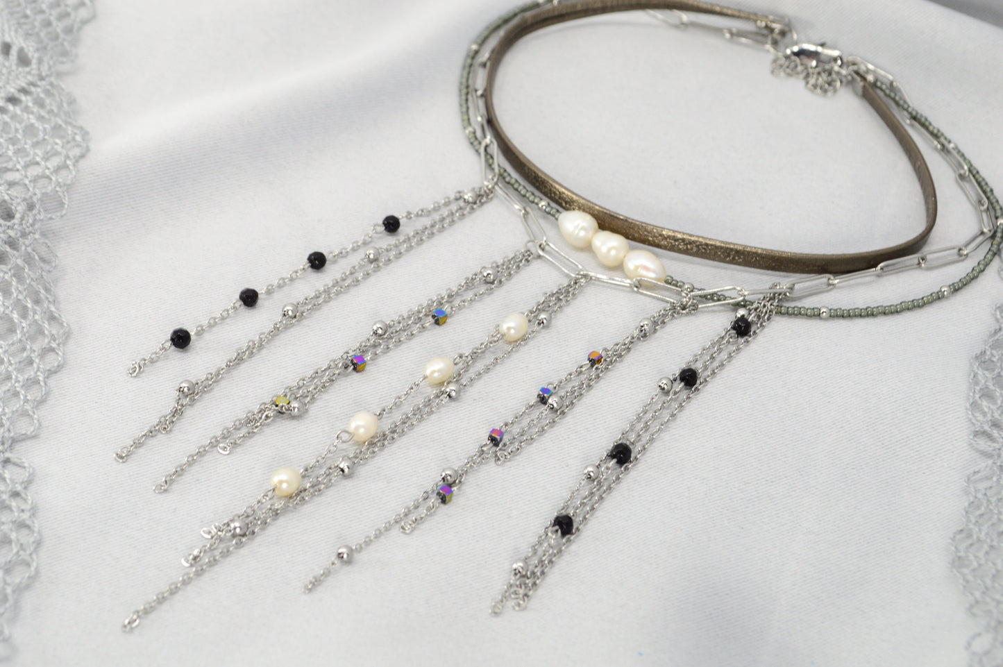 Statement Layered Fringe Necklace – Stainless Steel, Pearls & Gemstones | Fall 2025 Must-Have