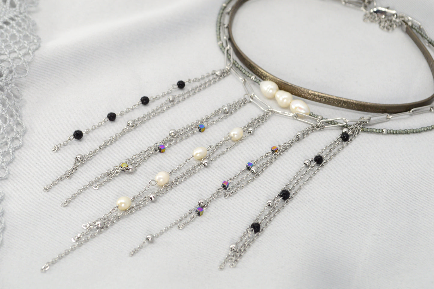 Statement Layered Fringe Necklace – Stainless Steel, Pearls & Gemstones | Fall 2025 Must-Have