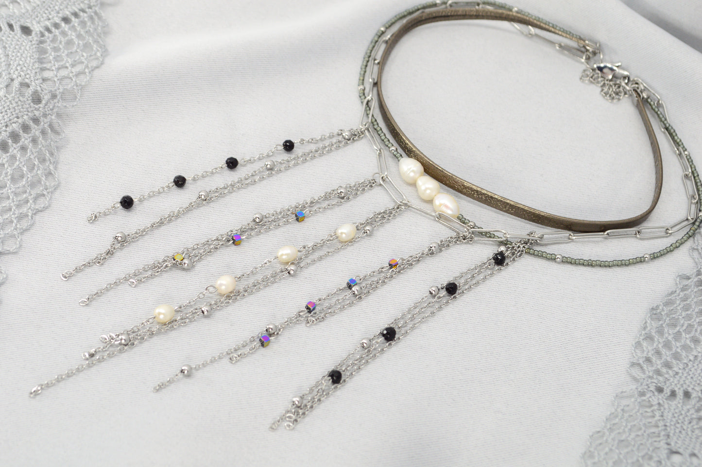 Statement Layered Fringe Necklace – Stainless Steel, Pearls & Gemstones | Fall 2025 Must-Have