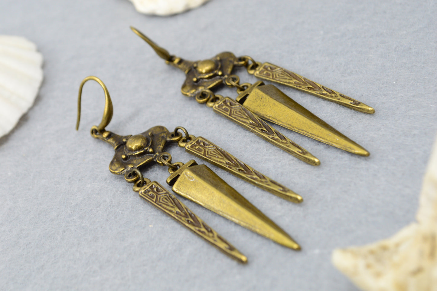 Boho Tribal Spike Hängeohrringe in Silber & Bronze – 10 cm / 4"