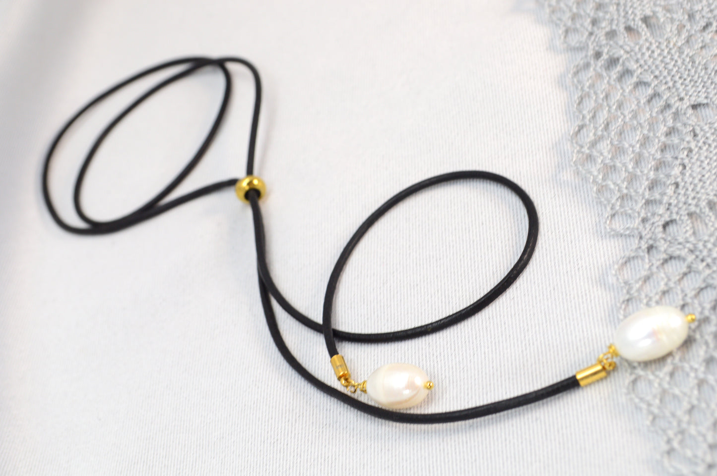 Minimalist Black Cord Necklace with Freshwater Pearls – Adjustable Y Choker | Modern Jewelry Trend 2025