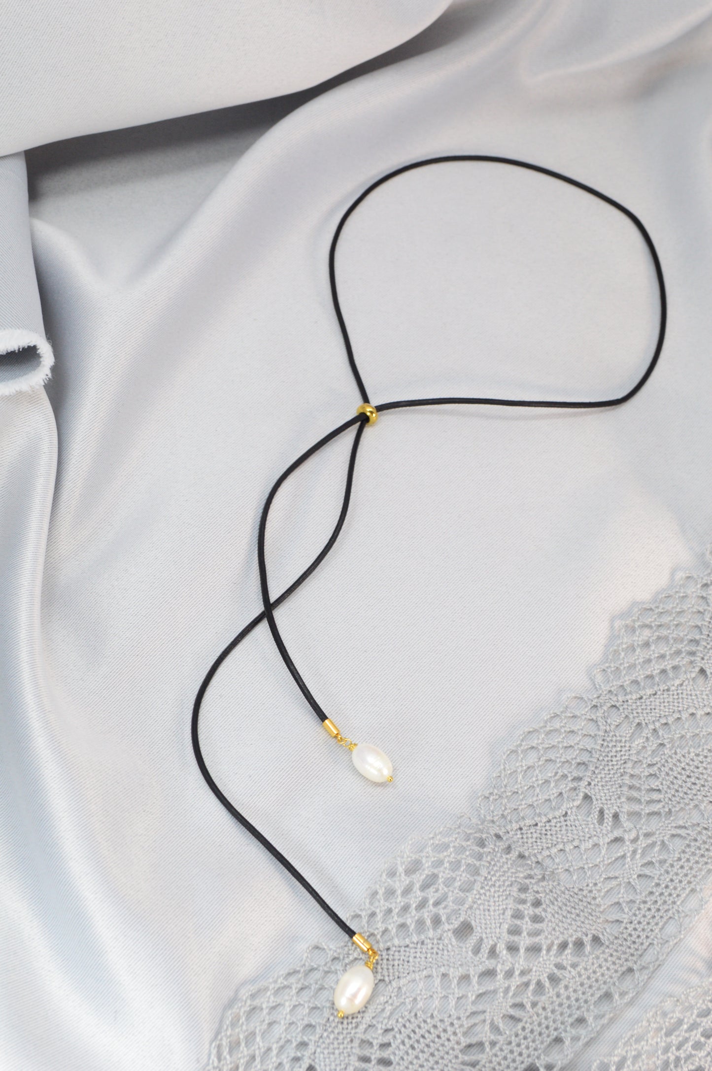 Minimalist Black Cord Necklace with Freshwater Pearls – Adjustable Y Choker | Modern Jewelry Trend 2025