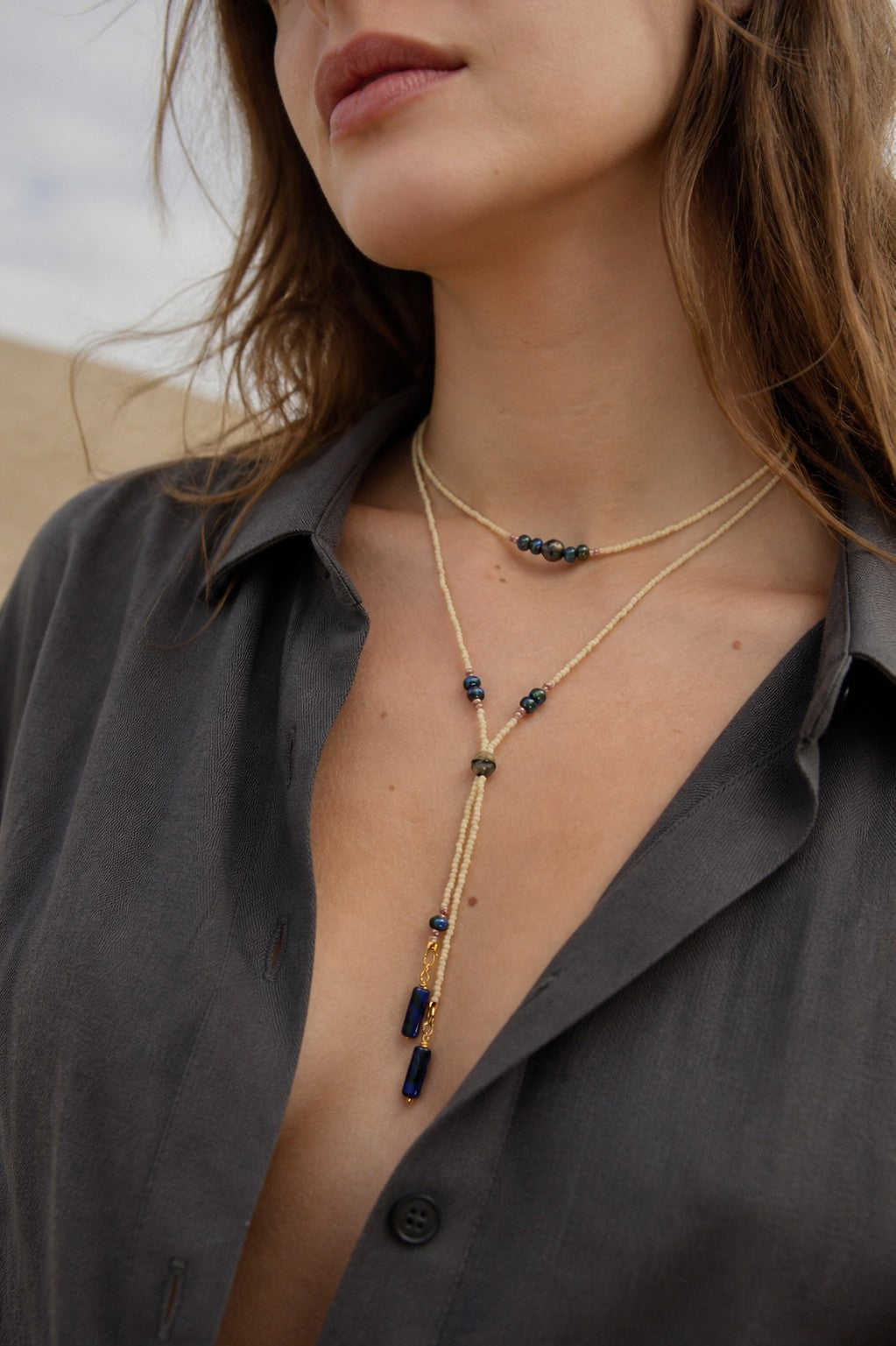 Cream Beaded Lariat Necklace with Sapphire Blue Glass Beads – Adjustable Y Necklace