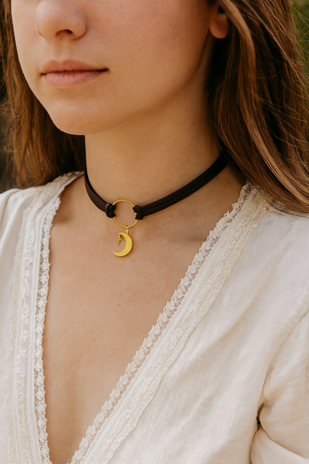 Minimalist Leather Choker Necklace – 5 Charm Options – Adjustable – Gothic, Punk, Boho, Pearl, Moon, Cross