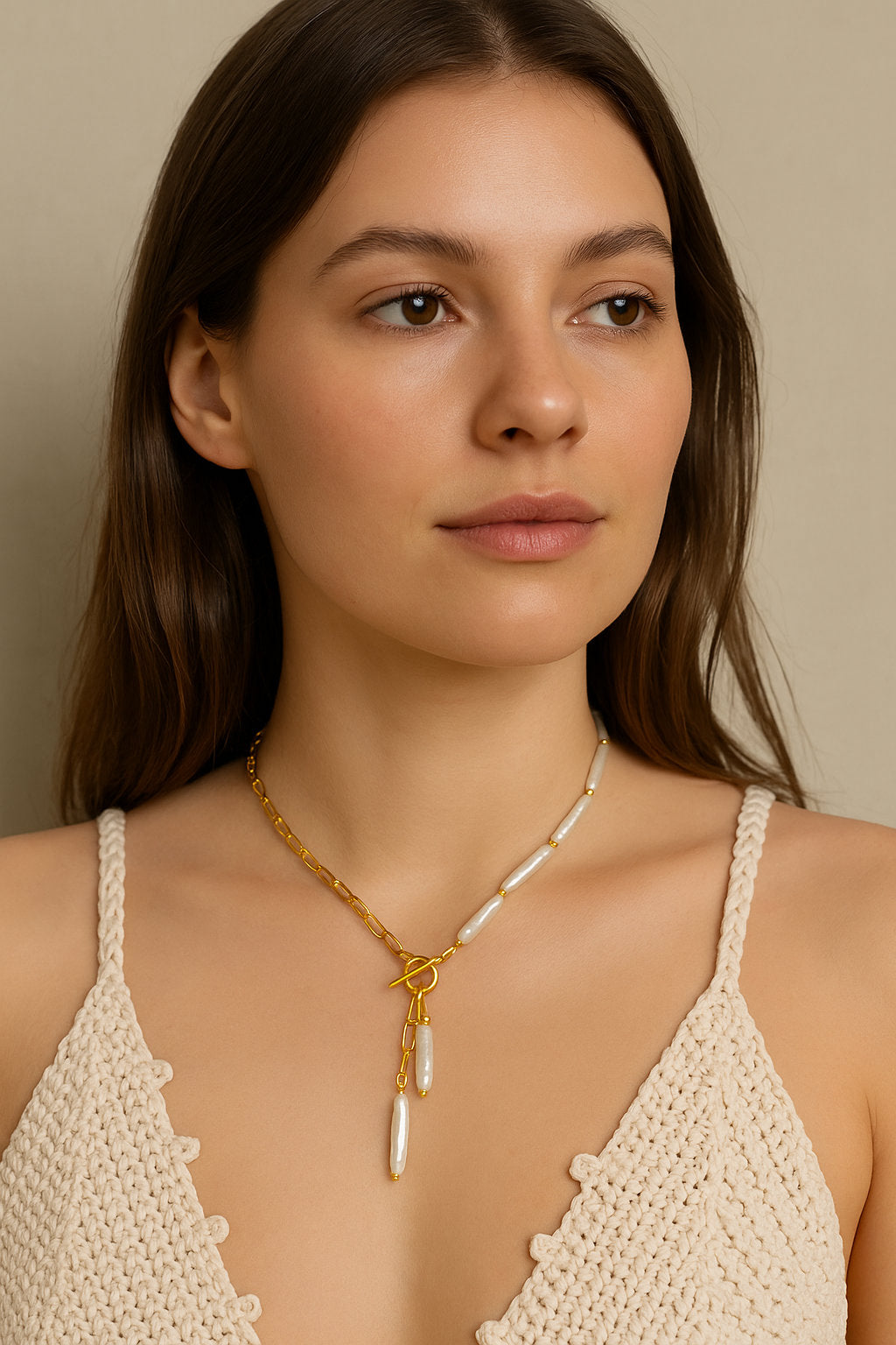Gold Asymmetrical Pearl Necklace | Stainless Steel & Freshwater Stick Pearls | Modern Baroque Style