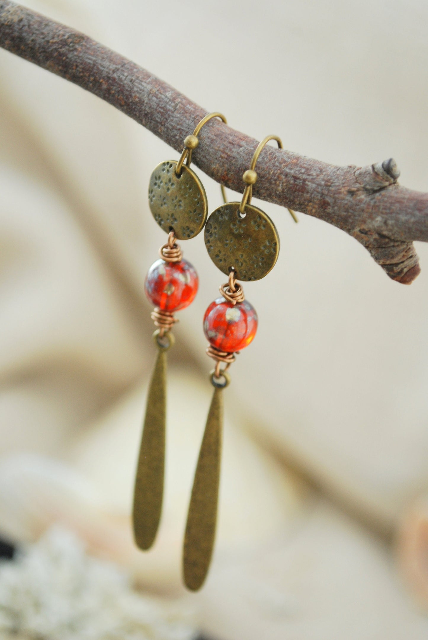 Bronze Boho Earrings, Czech Glass Bead & Unique Terracotta Geometric Jewelry