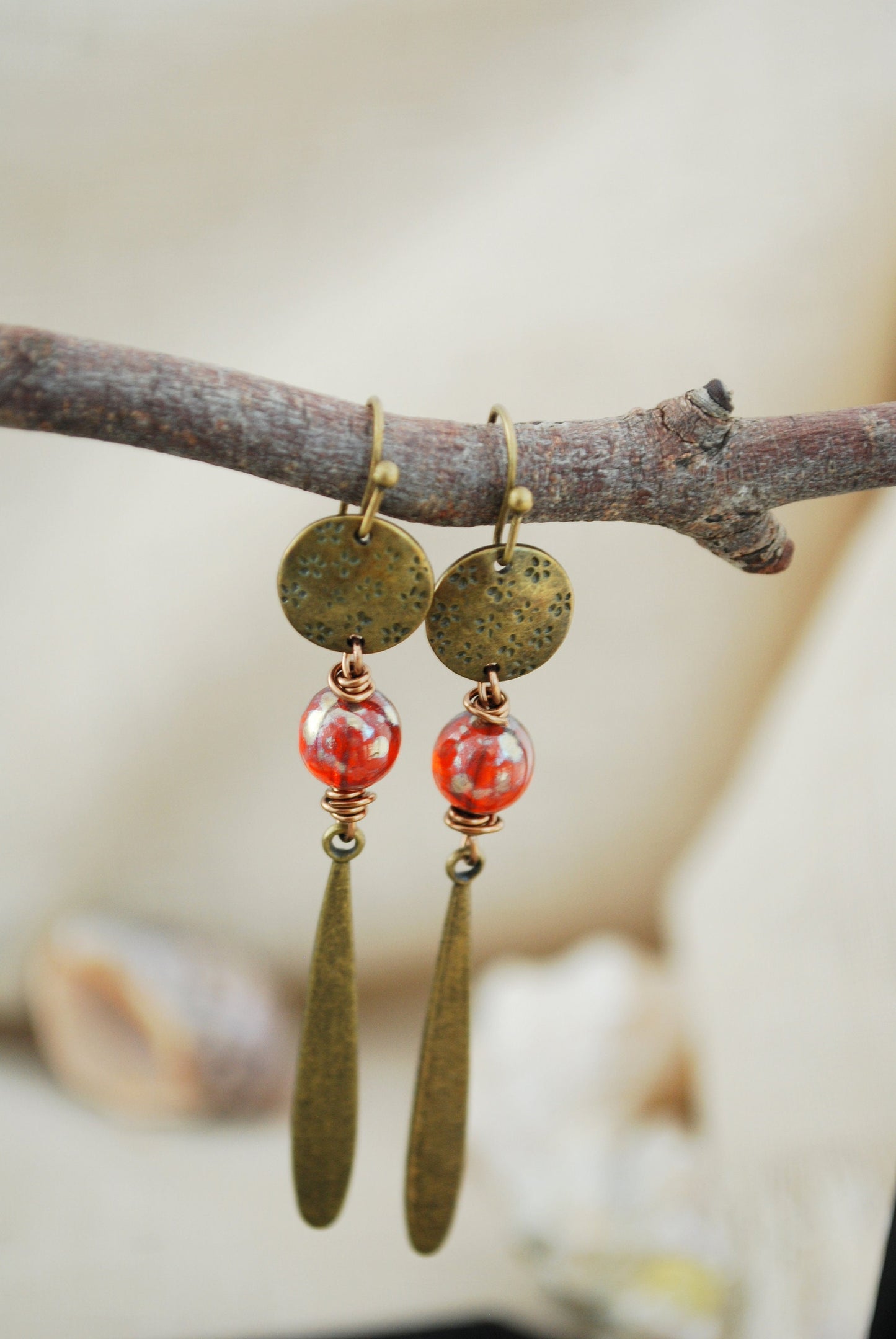 Bronze Boho Earrings, Czech Glass Bead & Unique Terracotta Geometric Jewelry