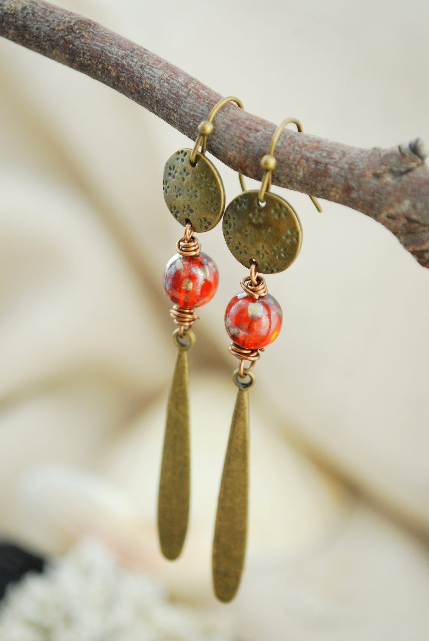 Bronze Boho Earrings, Czech Glass Bead & Unique Terracotta Geometric Jewelry