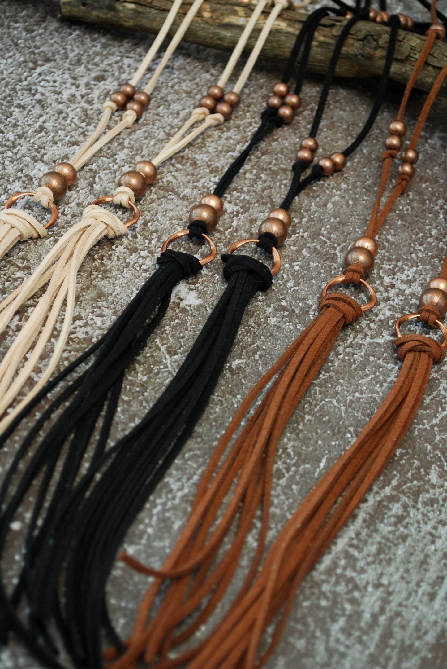 Beautiful fringe long leather charm necklace, beige brown and black colors, boho life style