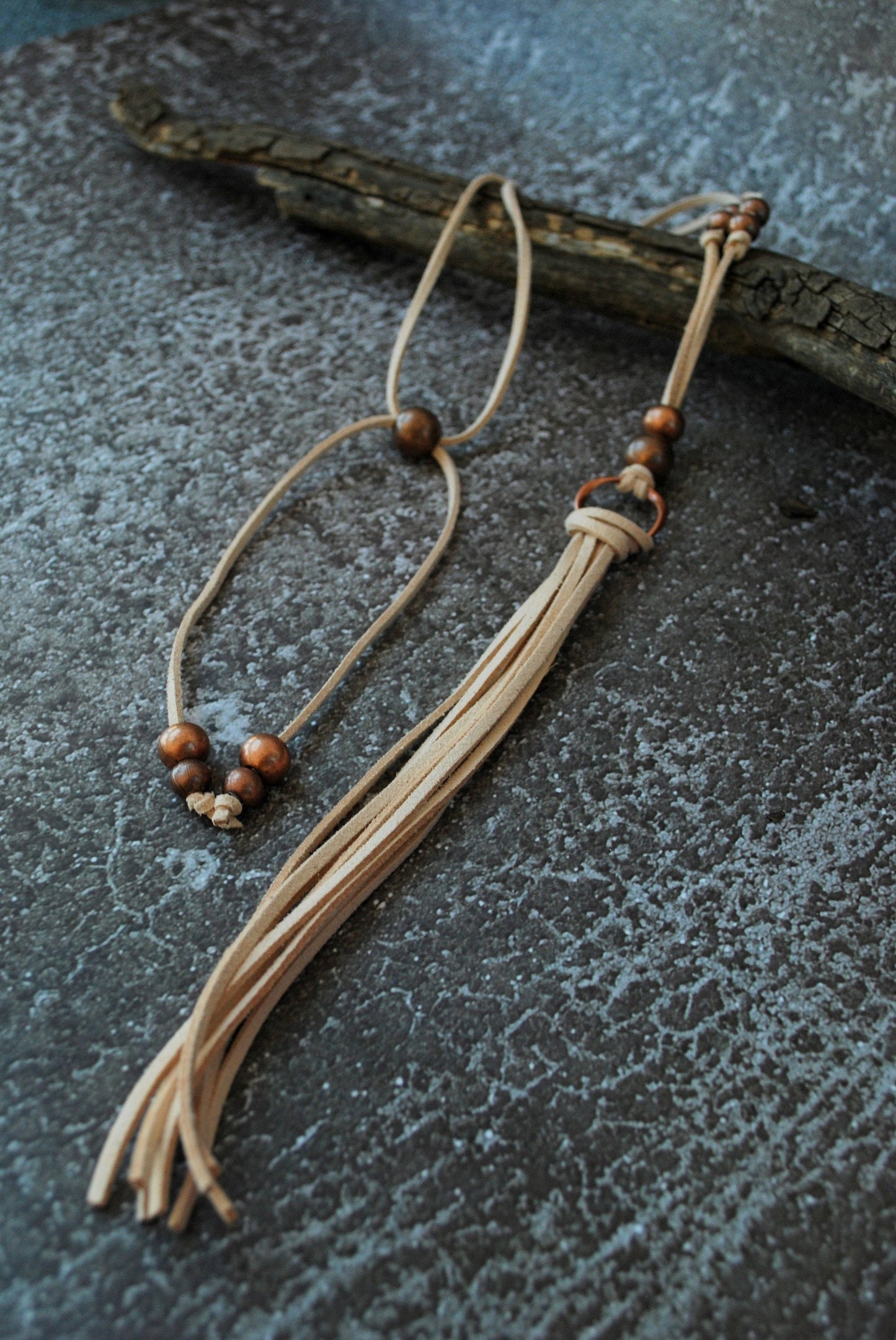 Beautiful fringe long leather charm necklace, beige brown and black colors, boho life style