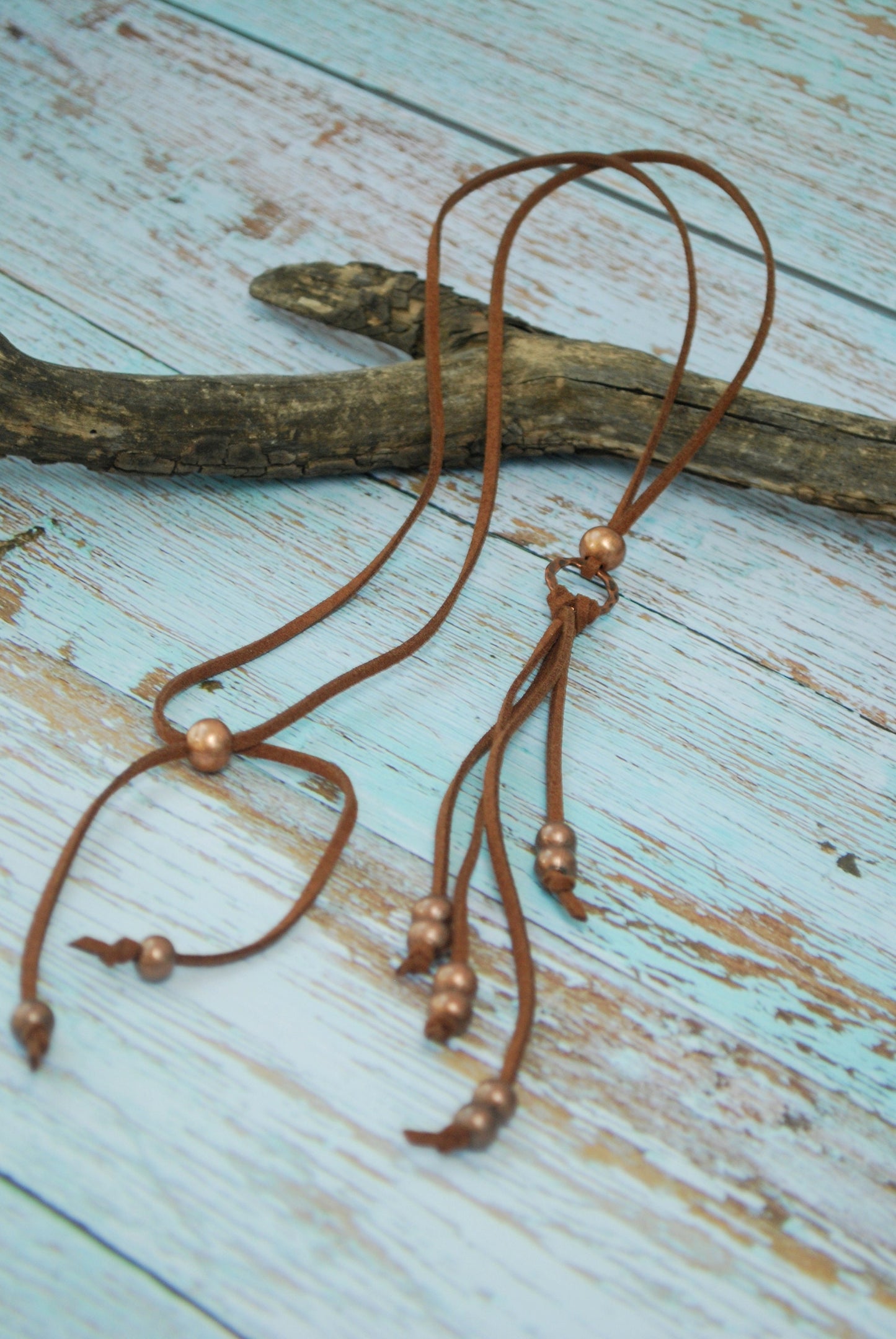 Unique boho leather brown necklace. Beaded ring fringe necklace, Rustic copper extra long necklace