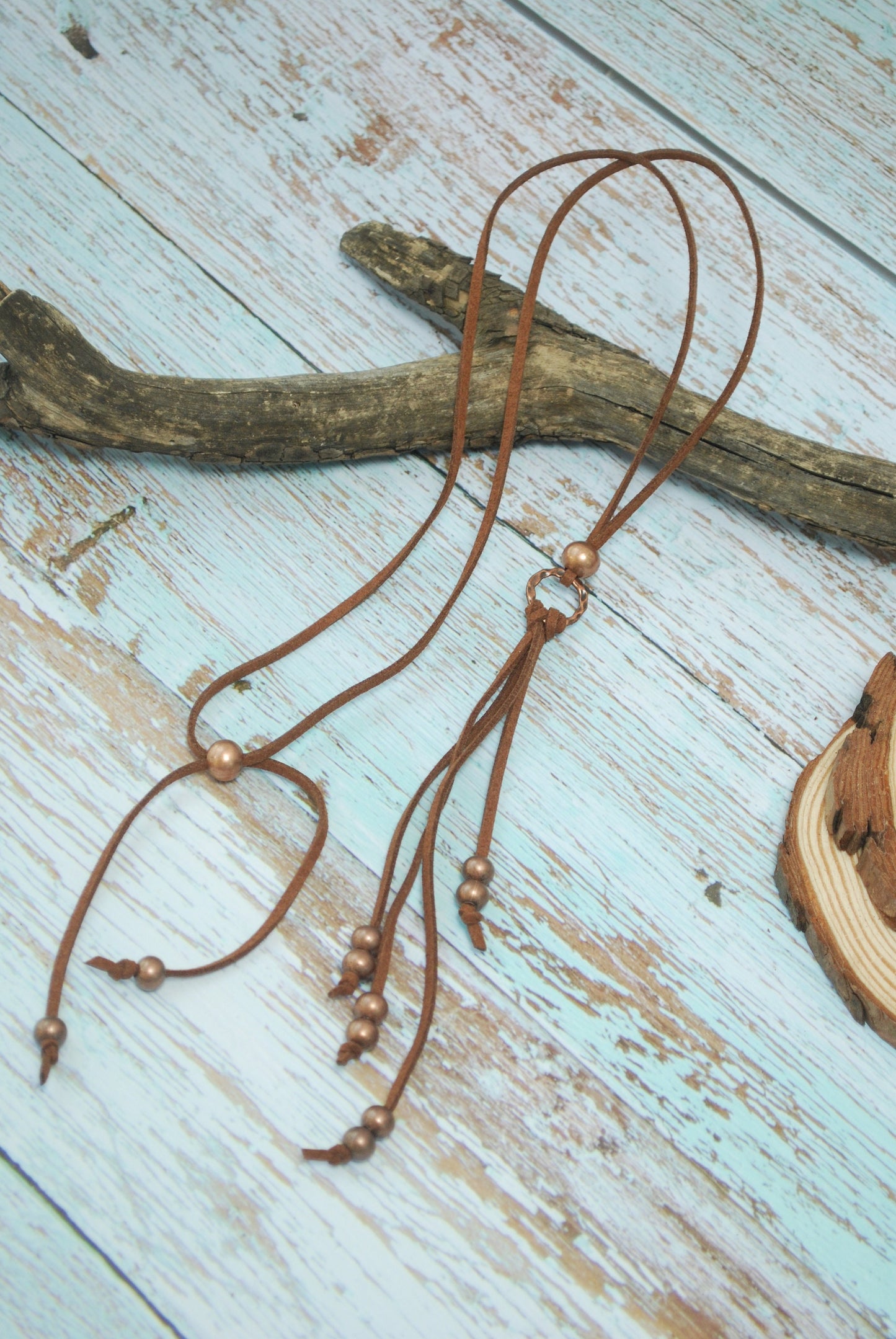 Unique boho leather brown necklace. Beaded ring fringe necklace, Rustic copper extra long necklace
