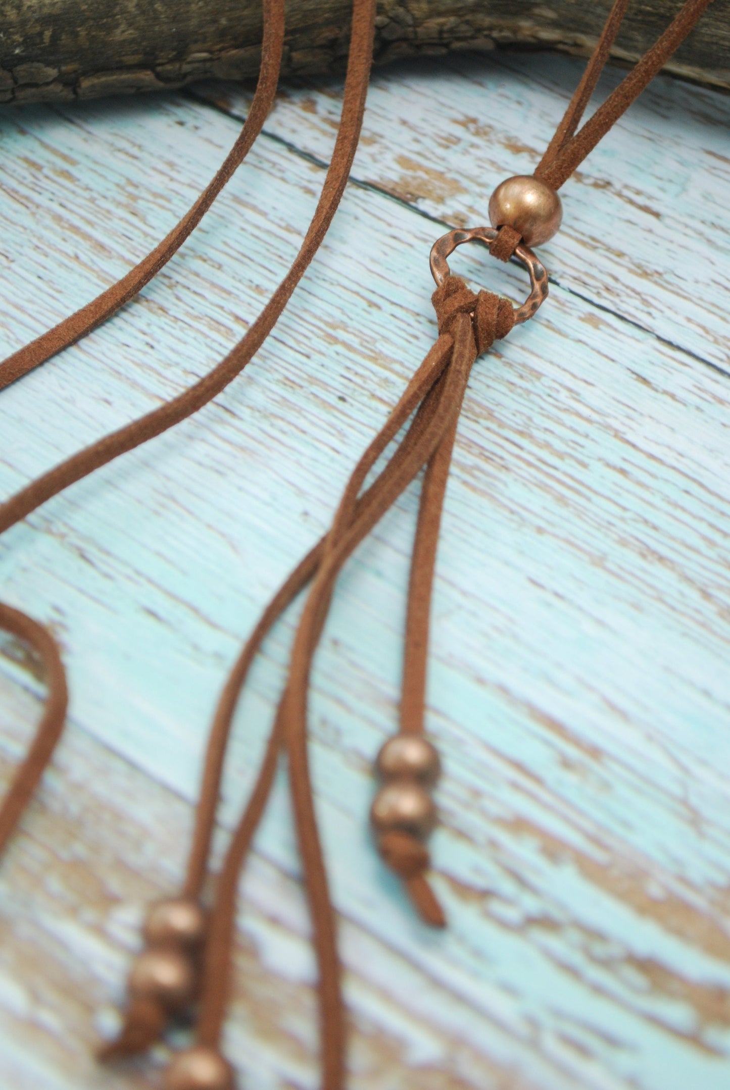 Unique boho leather brown necklace. Beaded ring fringe necklace, Rustic copper extra long necklace