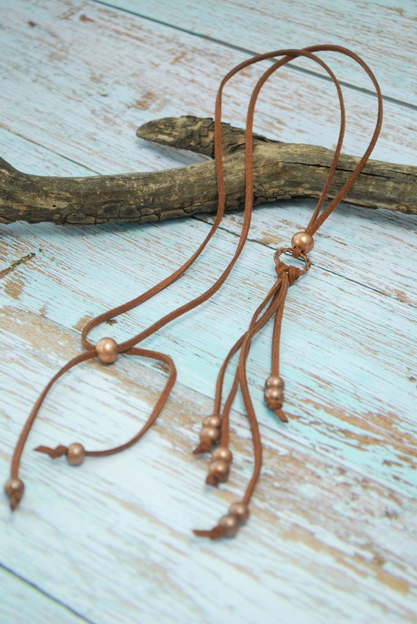 Unique boho leather brown necklace. Beaded ring fringe necklace, Rustic copper extra long necklace