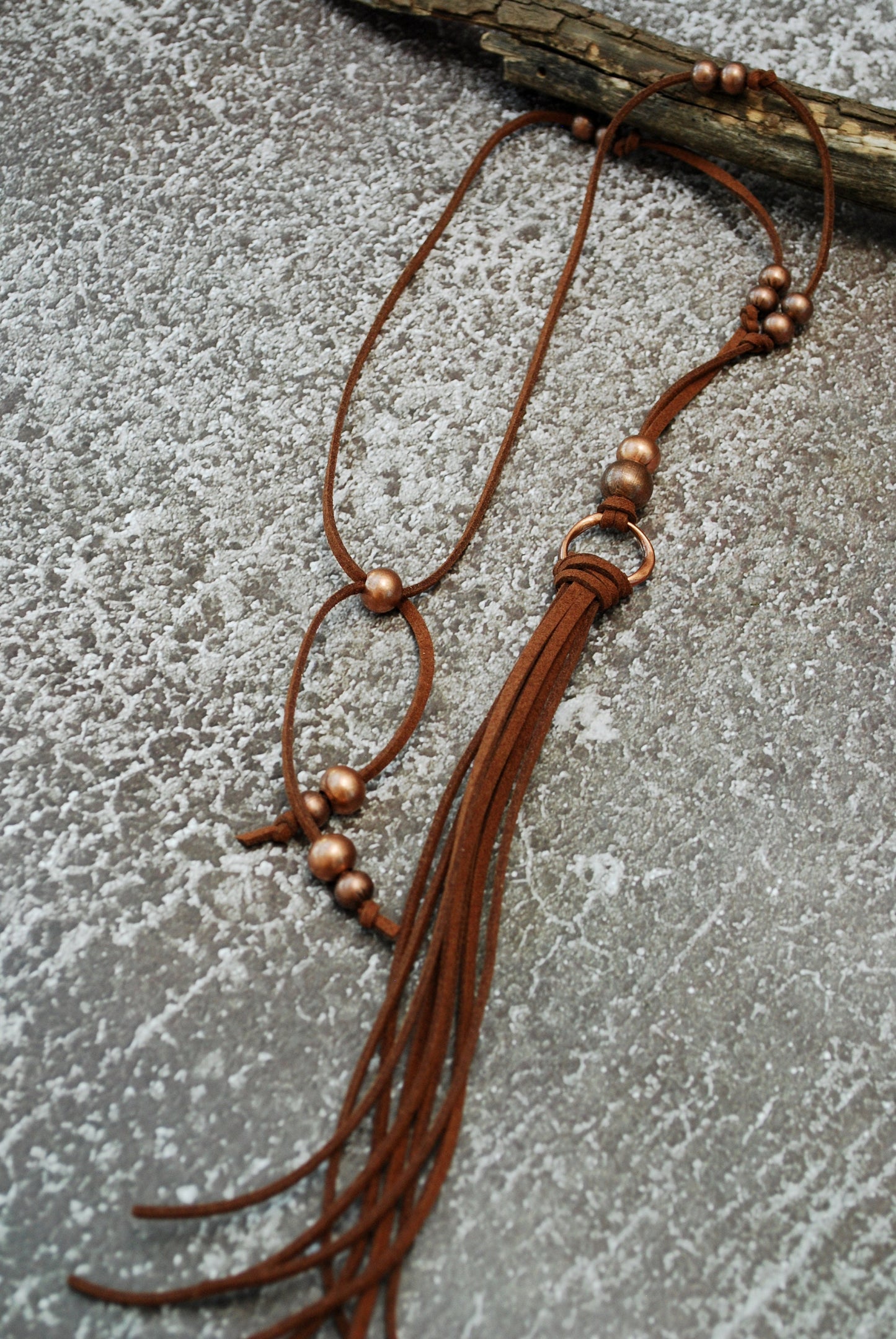 Beautiful fringe long leather charm necklace, beige brown and black colors, boho life style