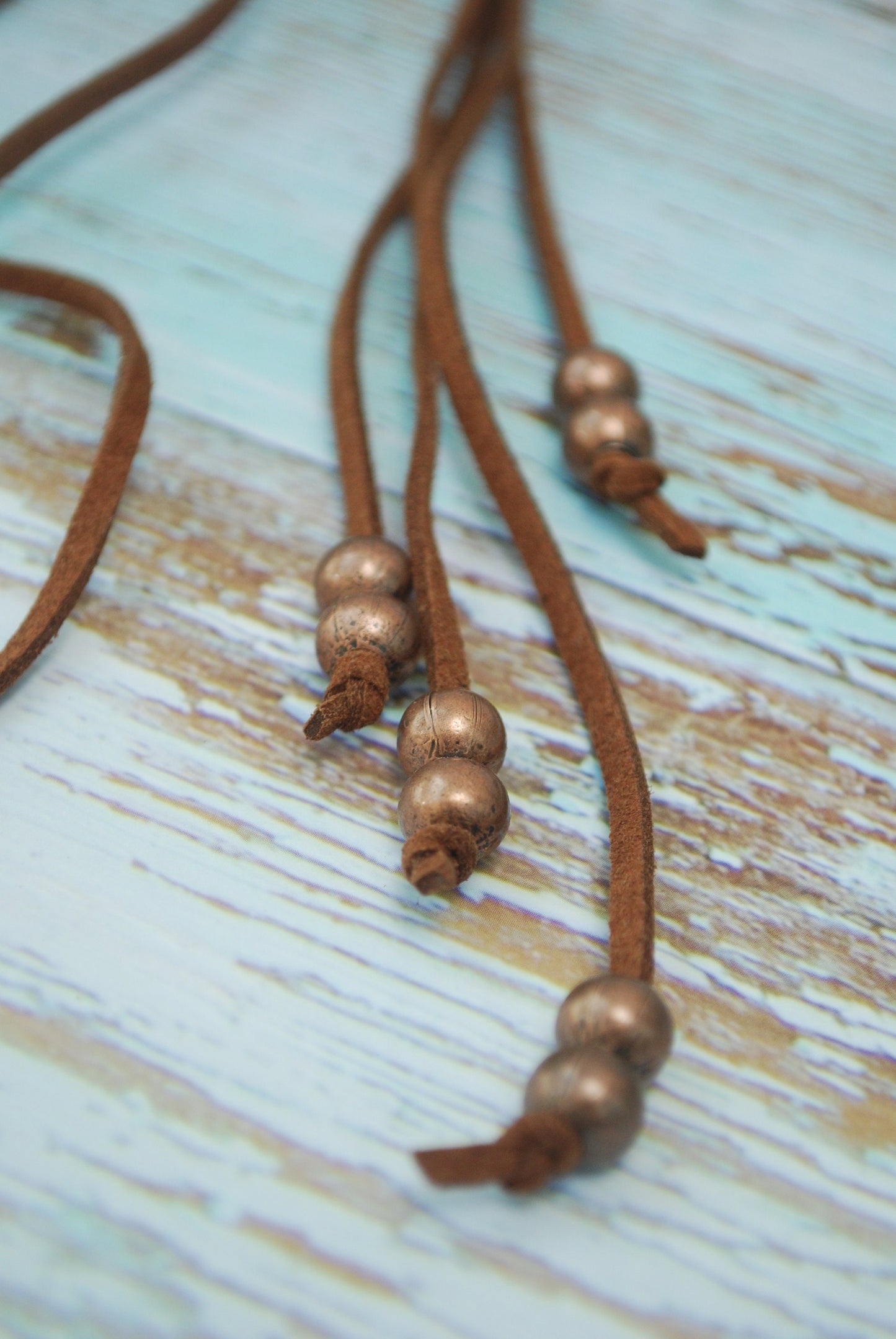 Unique boho leather brown necklace. Beaded ring fringe necklace, Rustic copper extra long necklace