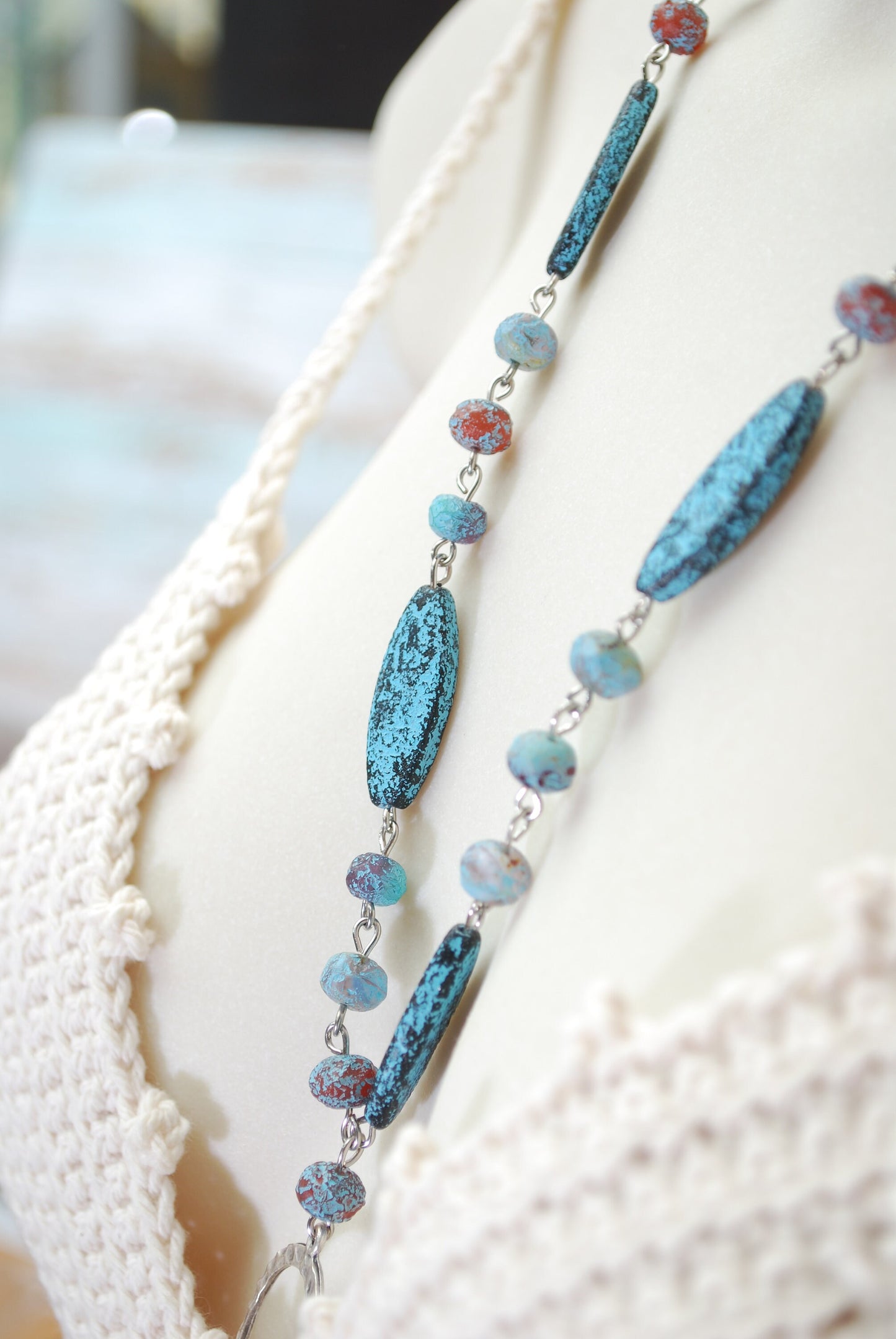 Handcrafted Bohemian Style Beaded Rings Necklace - Unique Fake Sea Glass Design, 24 Inches (62cm)