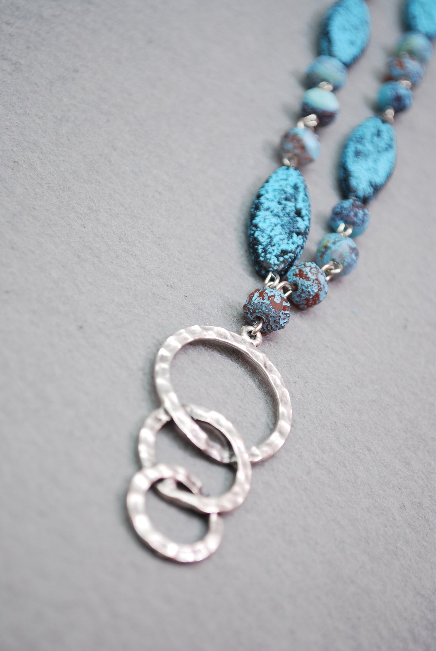 Handcrafted Bohemian Style Beaded Rings Necklace - Unique Fake Sea Glass Design, 24 Inches (62cm)