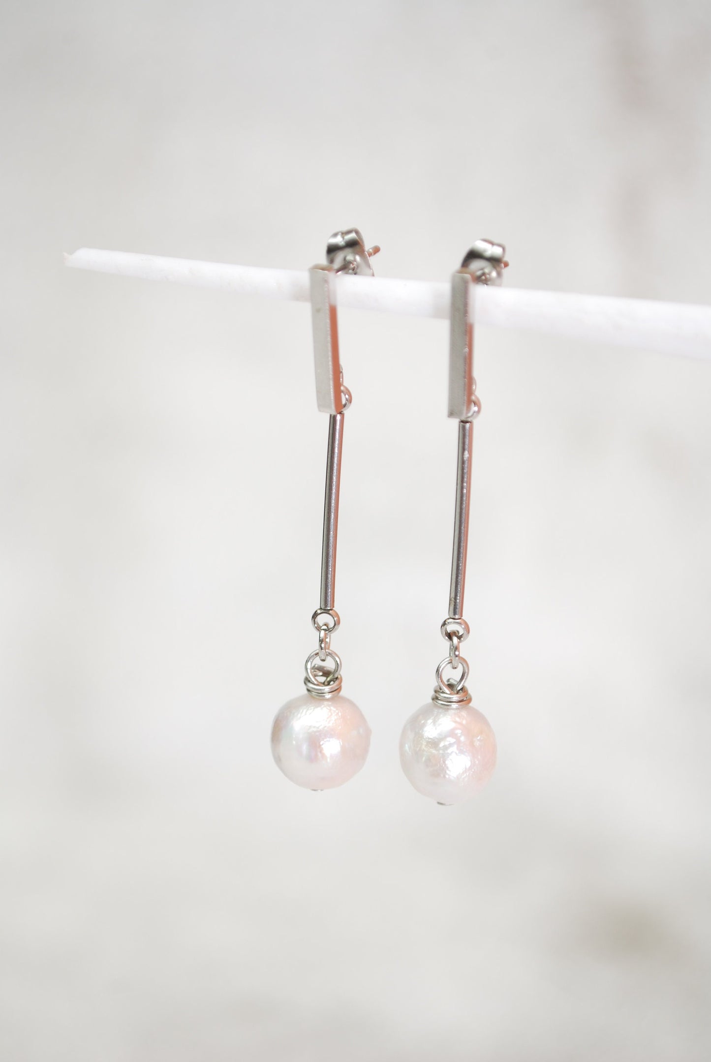 Stainless Steel Stick & Freshwater pearl, Elegant baroque pearl earrings, Bridal earrings, 5cm 2"