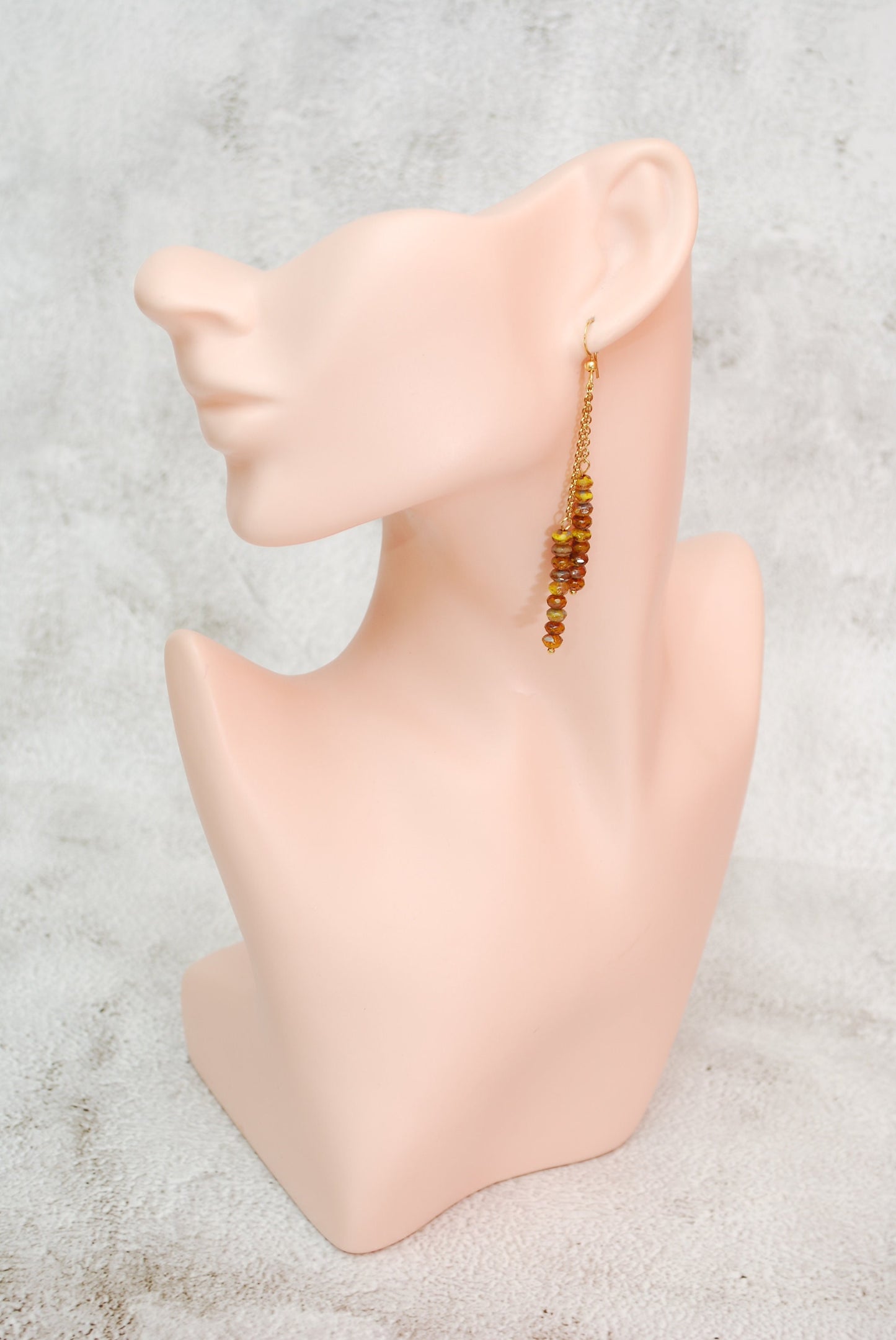 Long chain earrings, yellow brown glass beaded earrings, 8.5cm - 3 1/3"