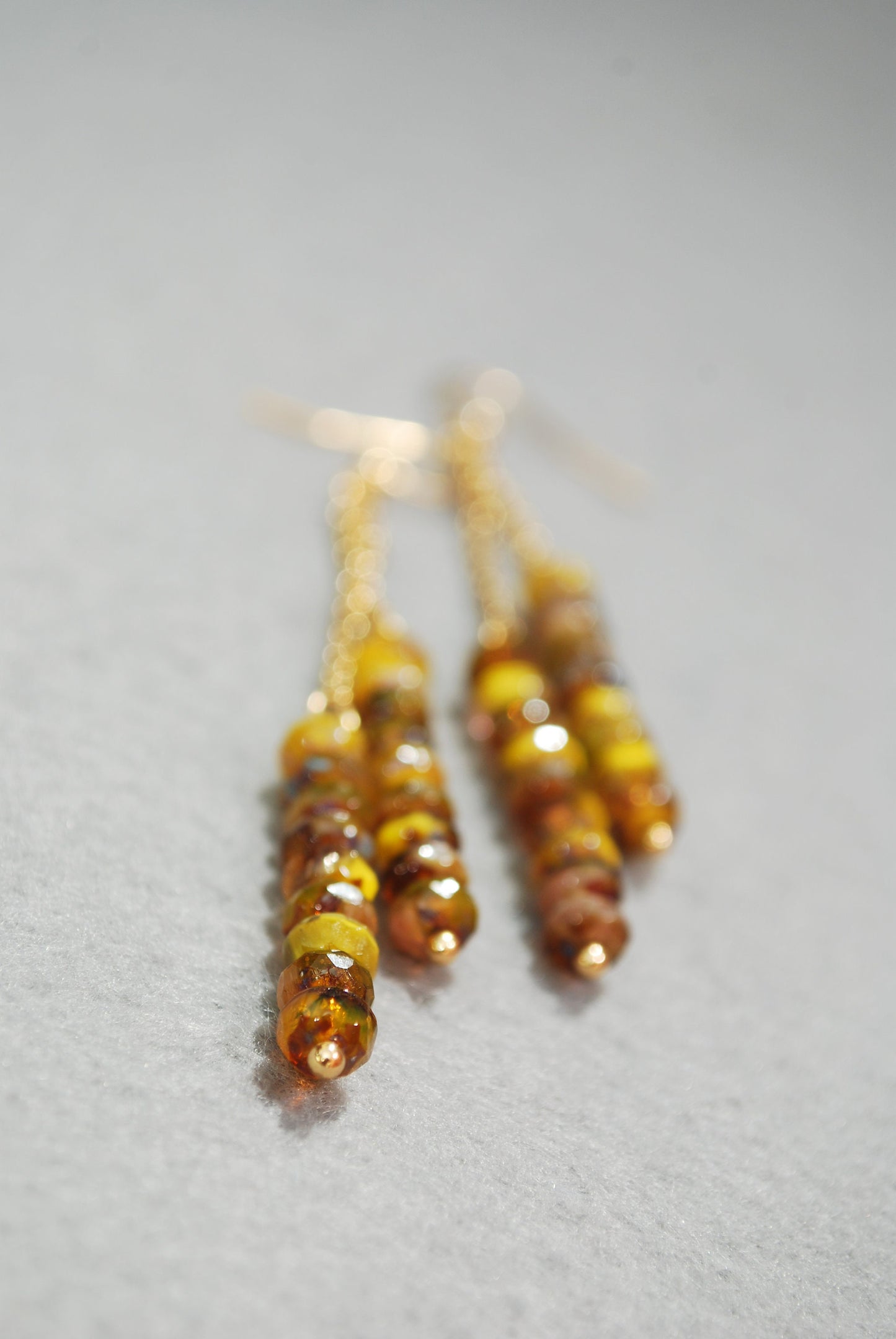 Long chain earrings, yellow brown glass beaded earrings, 8.5cm - 3 1/3"