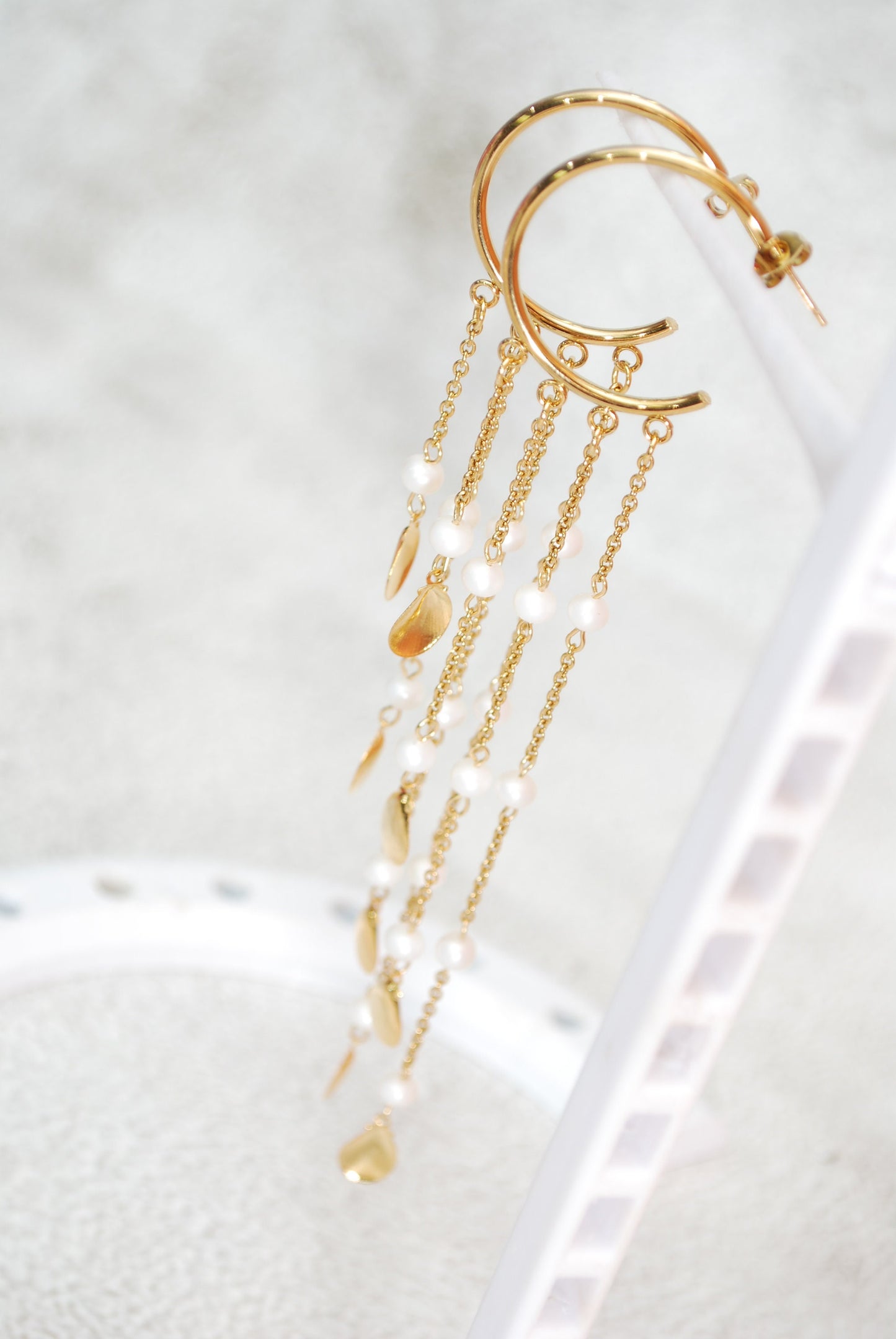 Long cascade pearl earrings, gold plated stainless steel chain earrings, wedding bride earrings, 14cm