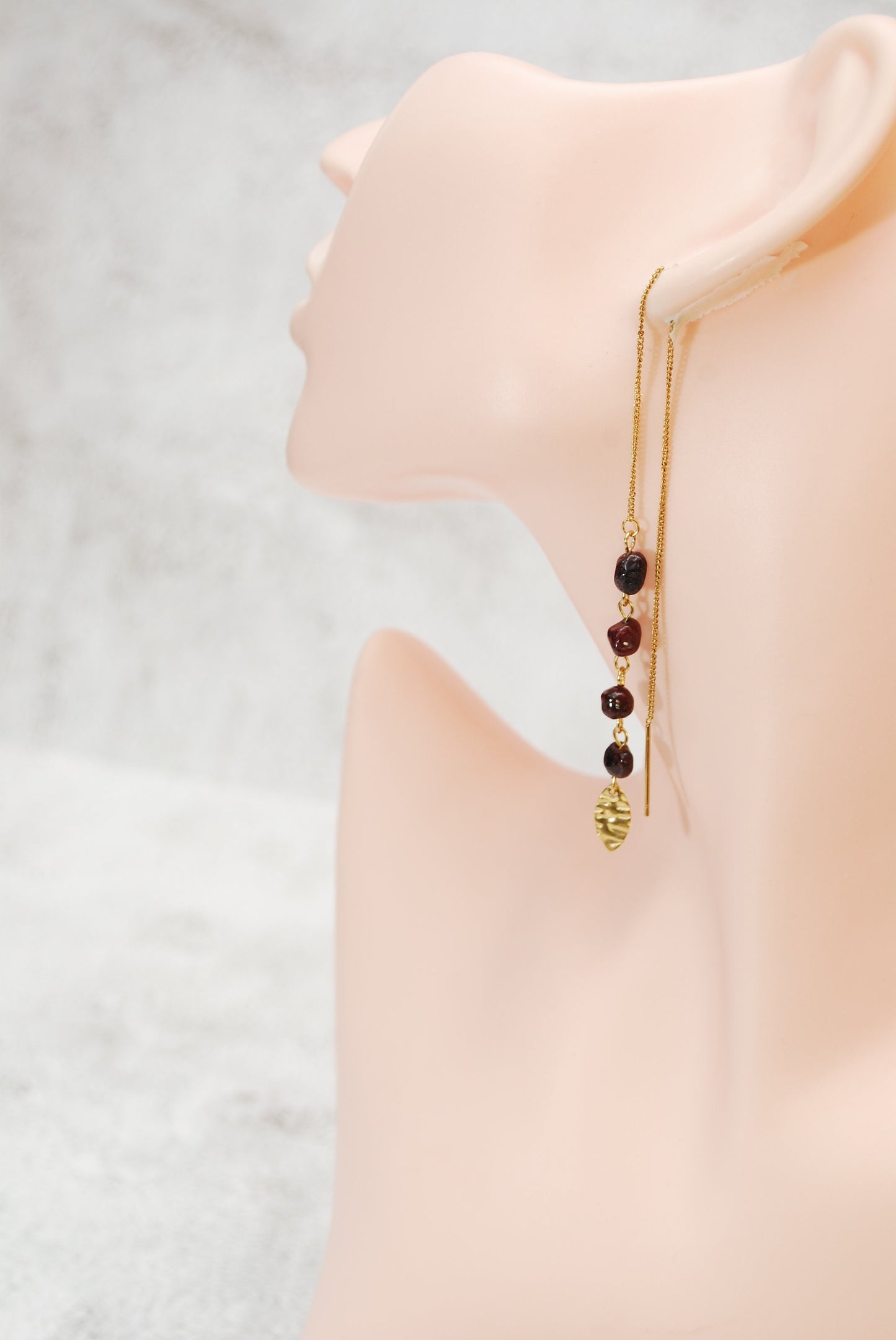 Cascade threader garnet stone gold earrings , long chain stainless steel earrings, 18cm - 7"