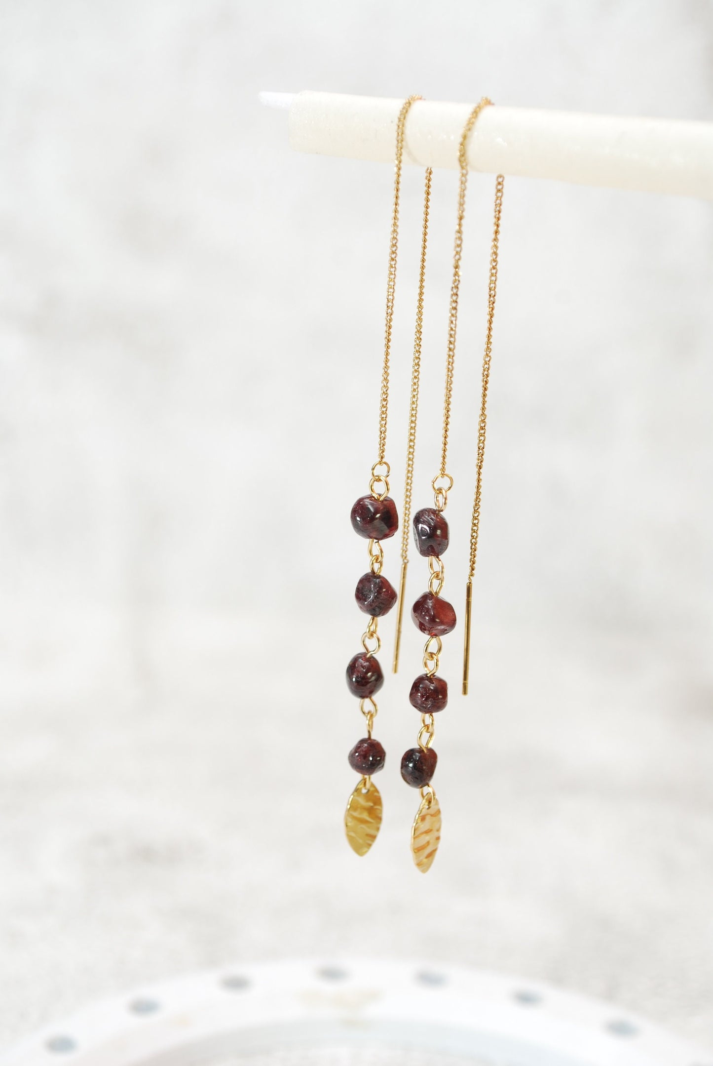 Cascade threader garnet stone gold earrings , long chain stainless steel earrings, 18cm - 7"