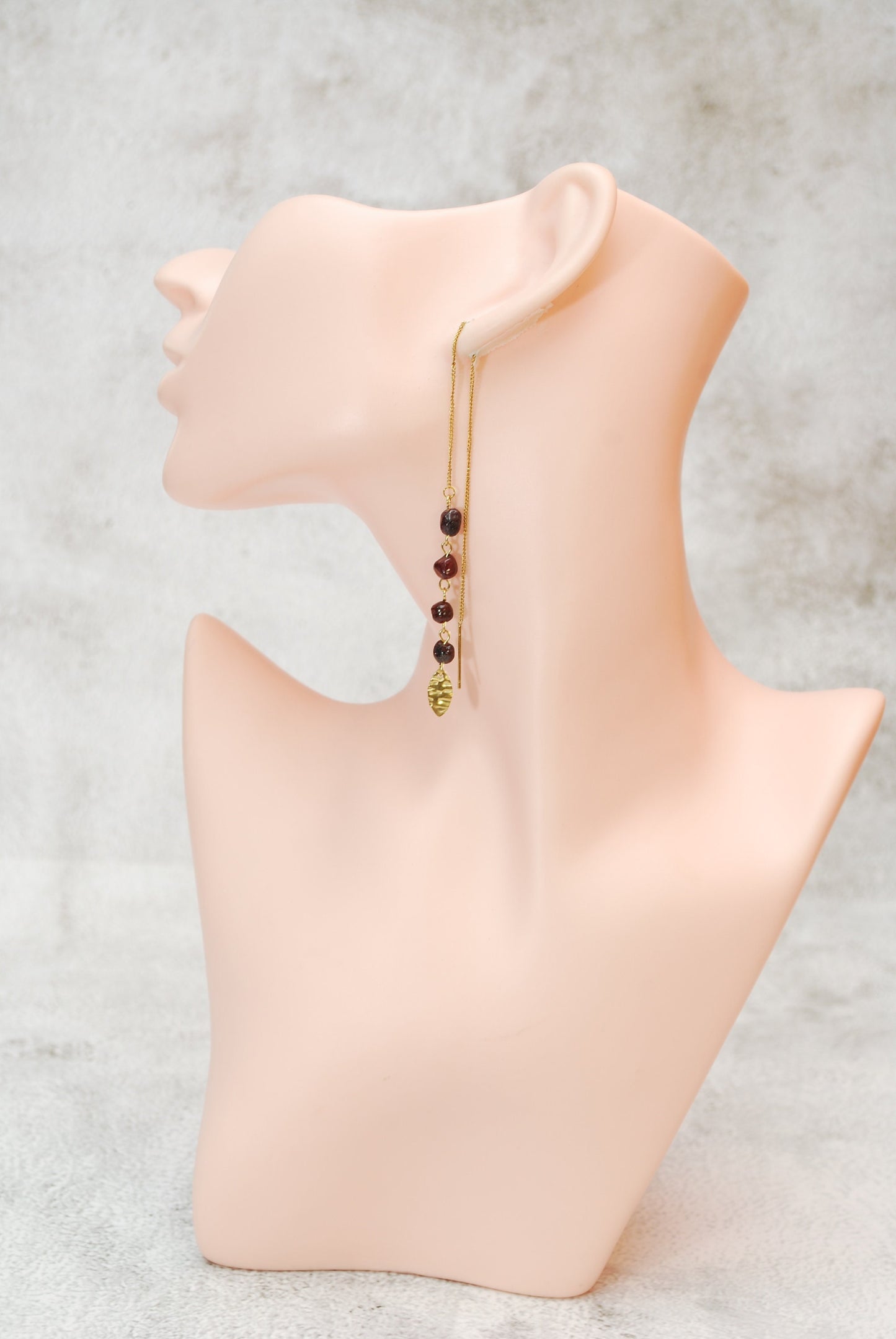 Cascade threader garnet stone gold earrings , long chain stainless steel earrings, 18cm - 7"