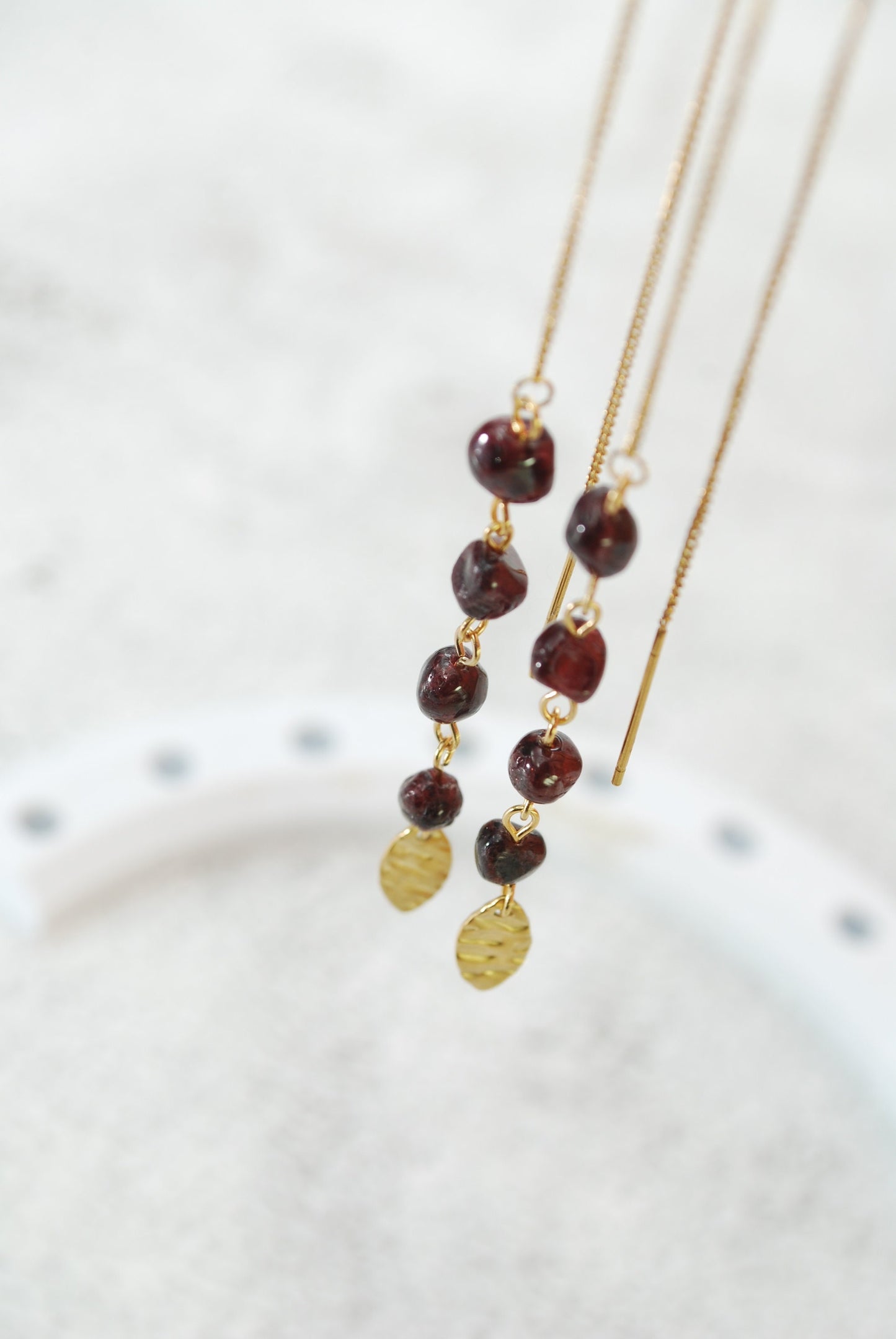 Cascade threader garnet stone gold earrings , long chain stainless steel earrings, 18cm - 7"